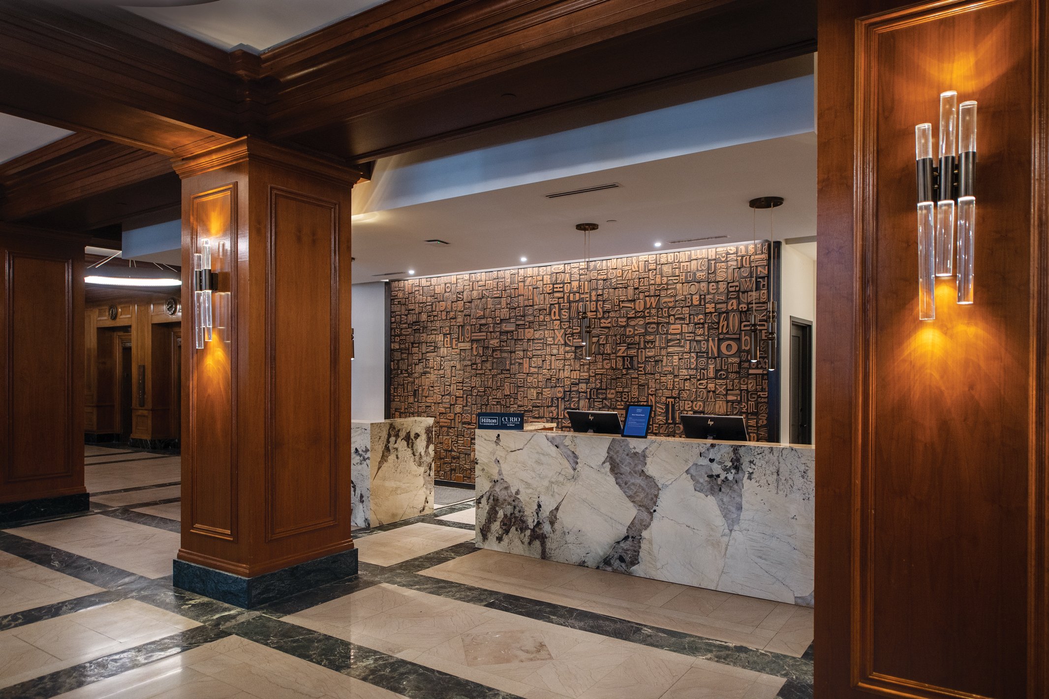  As part of the renovation, the front desk was moved back to its original location after it had been moved some time ago. The marble used was sourced from the same quarry that the original front desk was sourced from. 