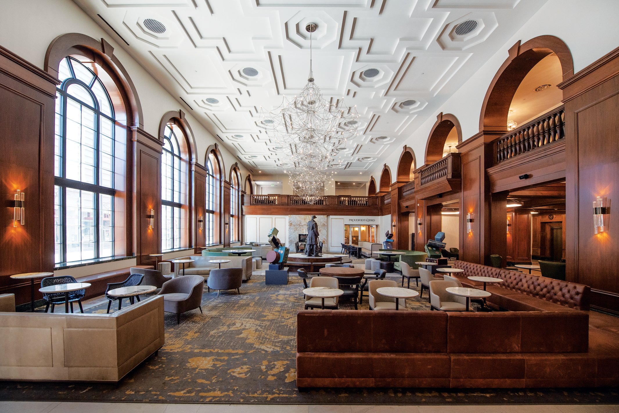 The lobby ceiling was one of many original parts of the building that required careful decision-making to determine whether it was possible to match the blueprints exactly or if it was more realistic to use modern touches in the renovation.
