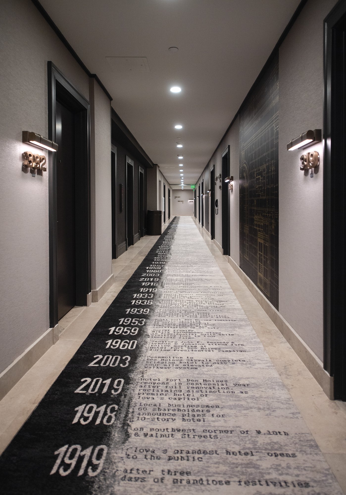  Another nod to the history of the building, the carpeting includes a historic timeline of the hotel 