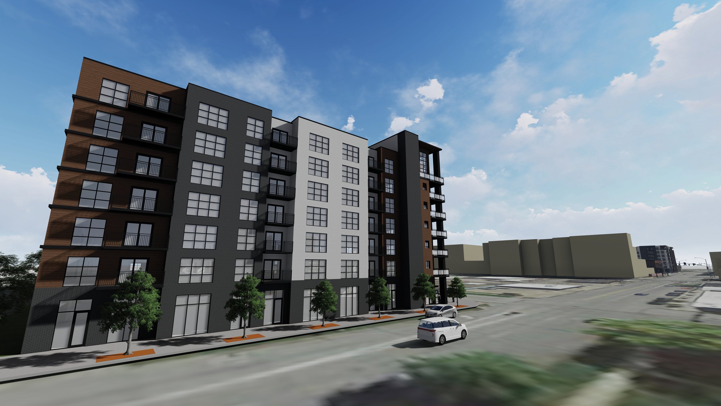  Heart of American Group is proposing the construction of a midrise mixed-use project at East Sixth and Des Moines streets in Des Moines. The U-shaped building would include 186 units, underground parking and a dog park. Apartments on the west side o