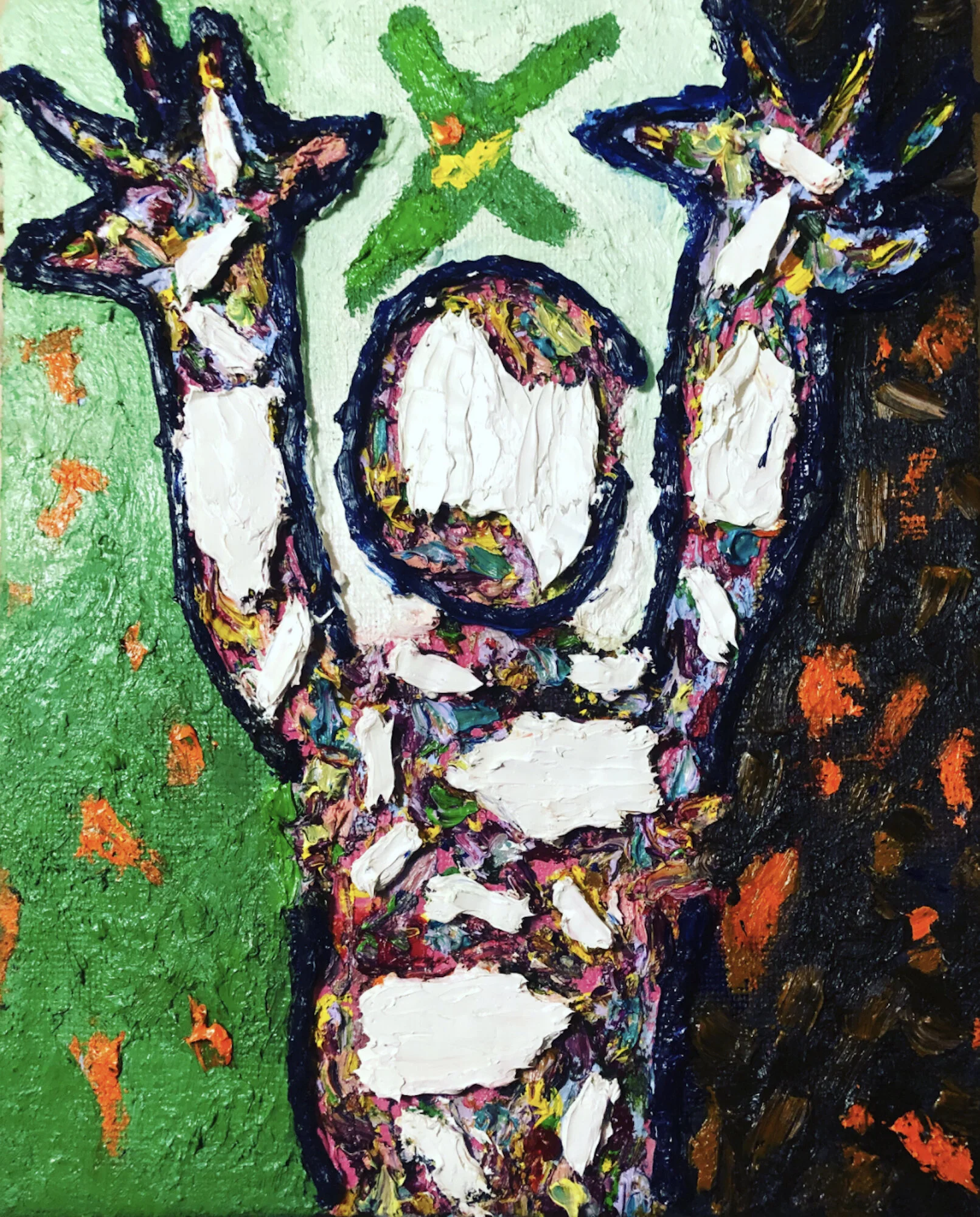 Hands Up, X, Collage (Burlap, Rope, Oil) on Canvas, 20x16 in.