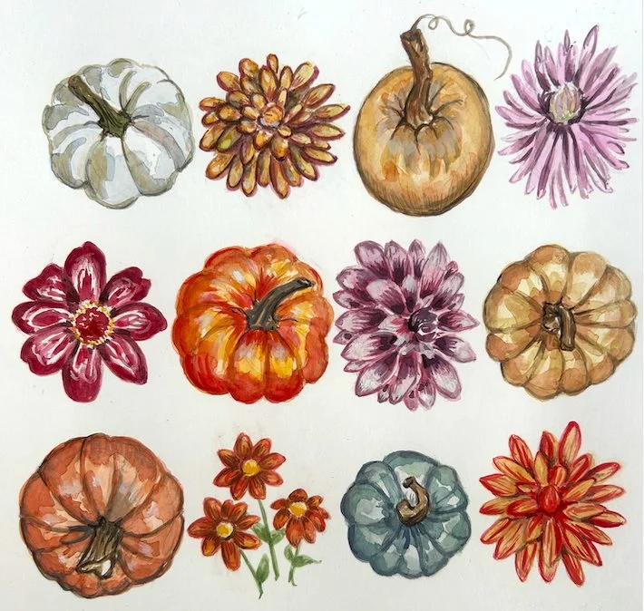 Pumpkins and Dahlias