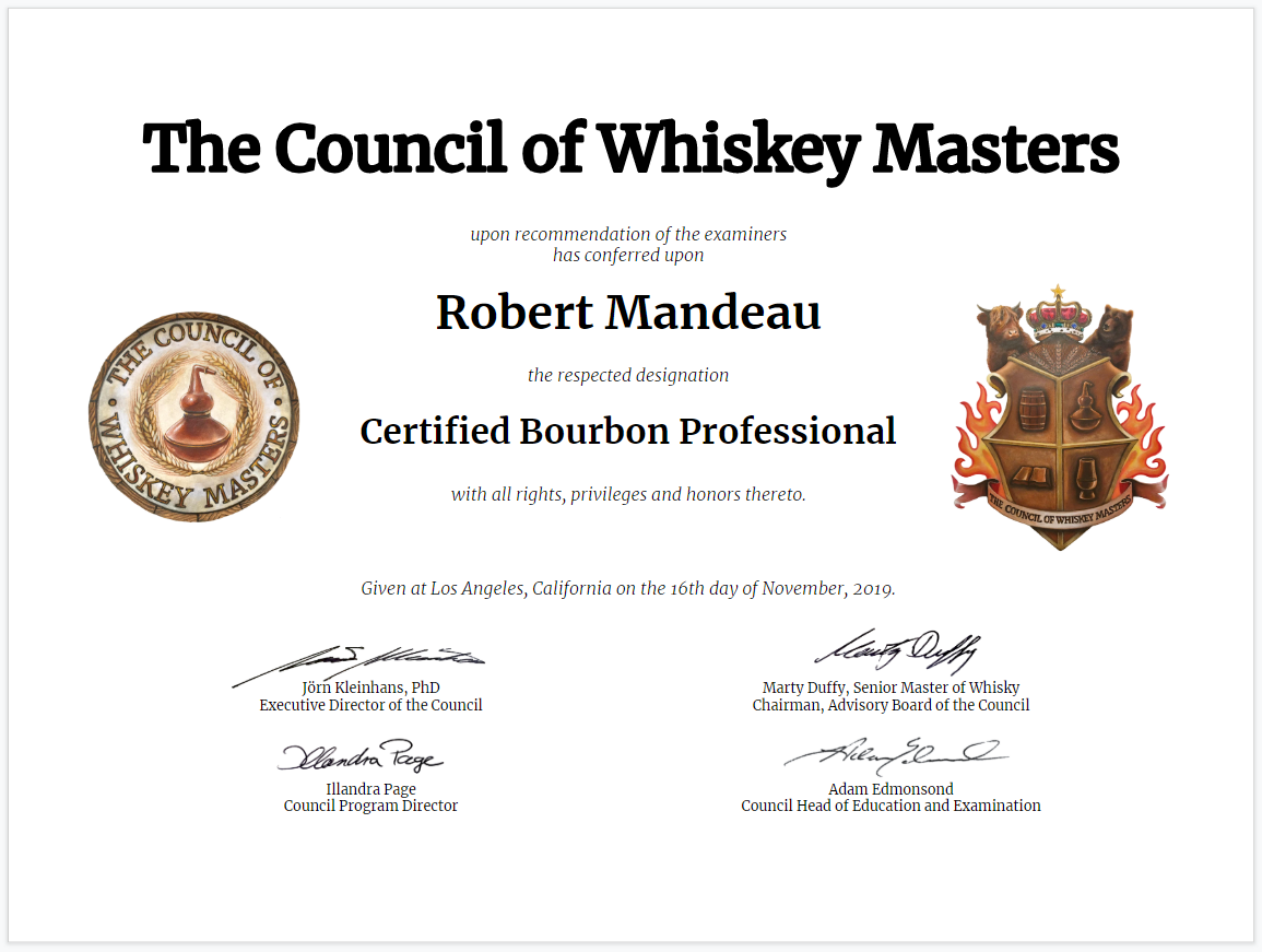 Diploma and Certificate Certified Bourbon Professional