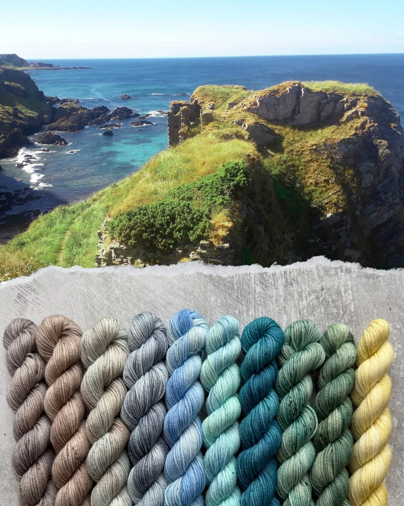 Findlater Castle&hellip;..

Sets of these mini skeins will be coming with me to Wool at Portsoy this Saturday. 

From earthy browns and silver rocks to the blues of this Moray coastline and finally into the greens of the grassy cliff tops. 

They&rsq