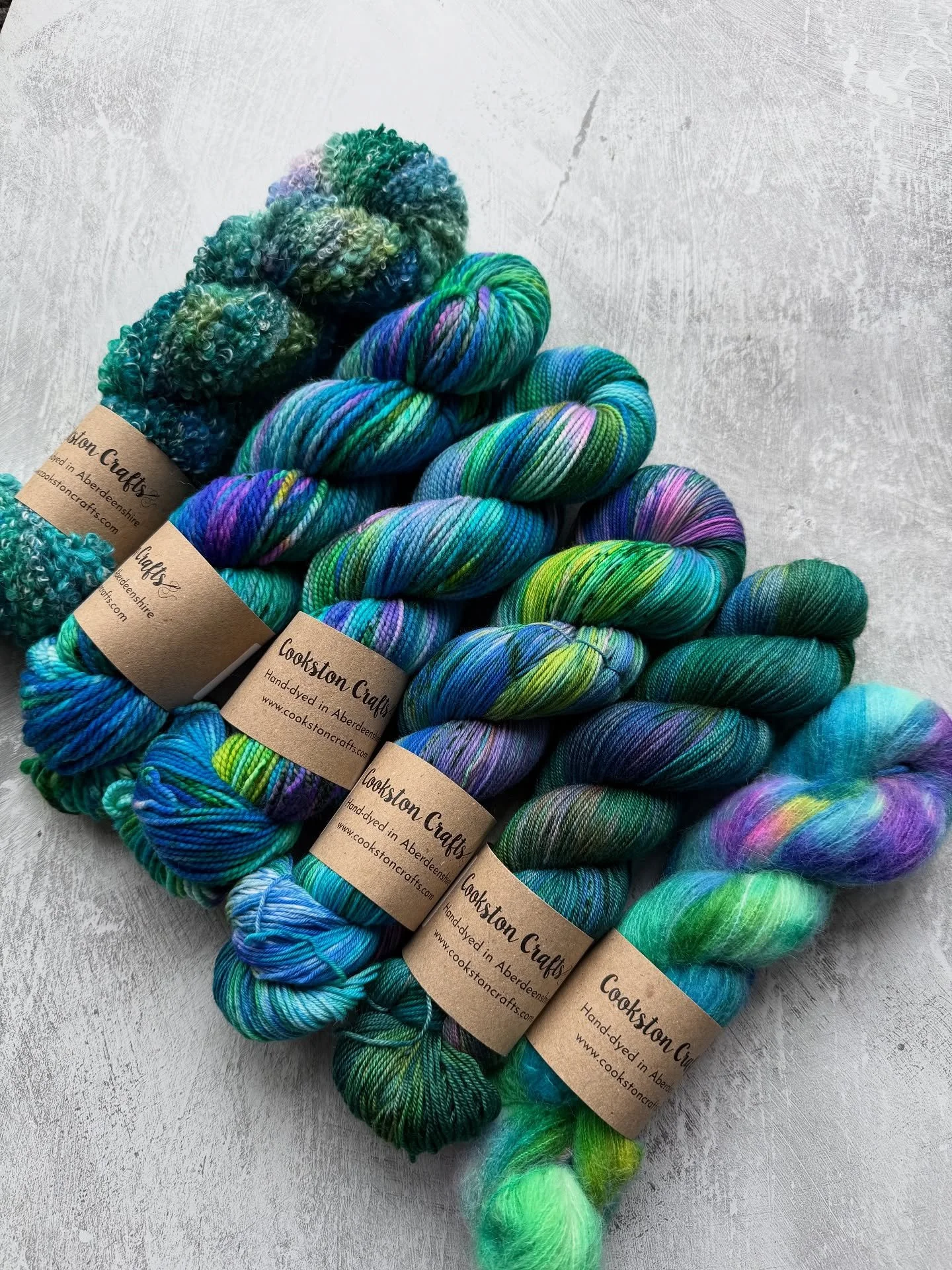 Peacock looking glowy on a variety of bases. 🦚

Look how different they look with the exact same &lsquo;recipe&rsquo; depending on the yarn base.

I dyed it on the merino yak silk base for the first time and I&rsquo;m wondering why I&rsquo;ve never 