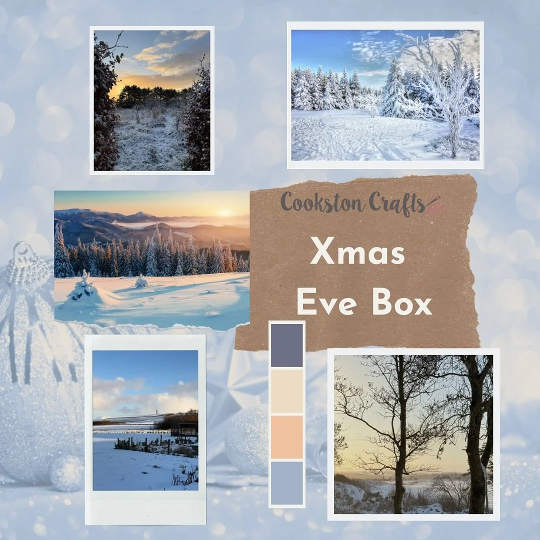My Christmas Eve Gift Box is a heartfelt way to treat yourself over the festive season.

Nestled inside this beautiful keepsake box will be some luxurious hand-dyed yarn, using the colours in the mood board - think cool crisp blues alongside the warm
