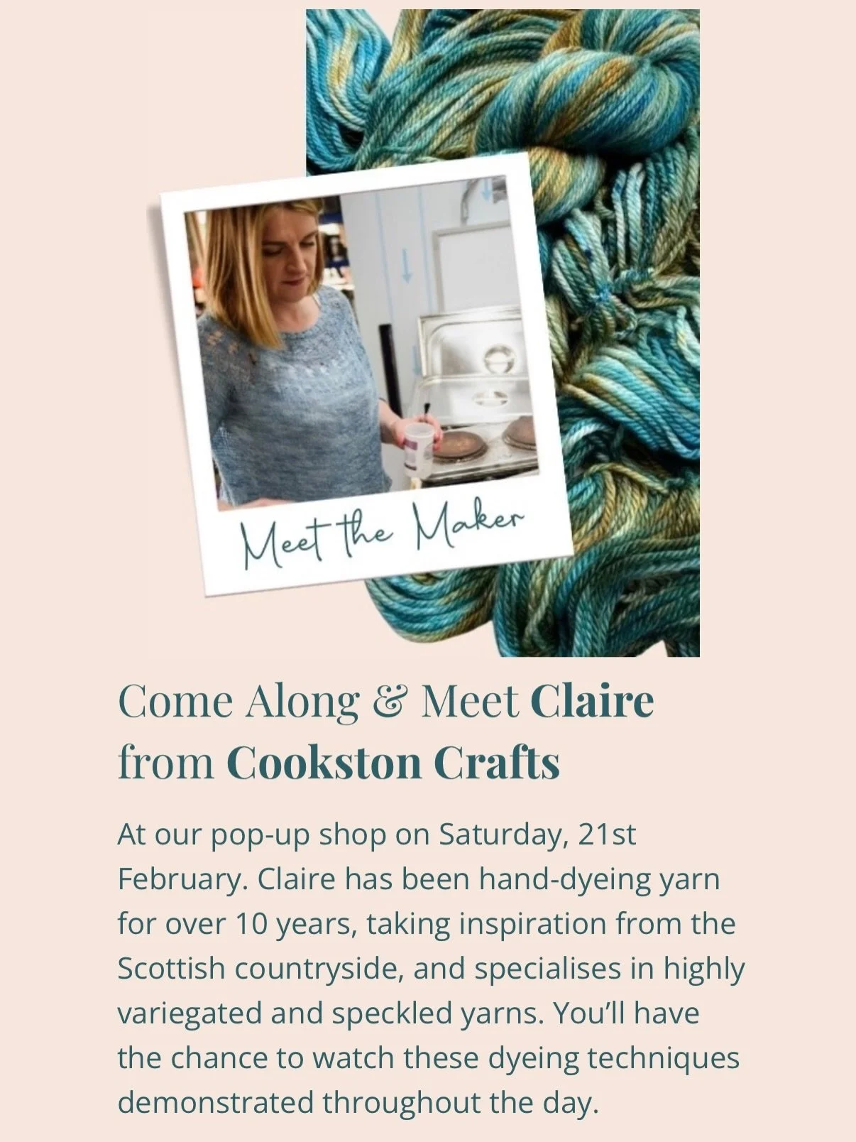 Put Saturday 21st February in your diaries!!

I&rsquo;ll be at Sarah&rsquo;s new shop premises @flockandsaunter in Aberlour from 10-4pm.

I&rsquo;m taking lots of hand dyed yarn and samples with me and some dye pans too so I can demonstrate some of t
