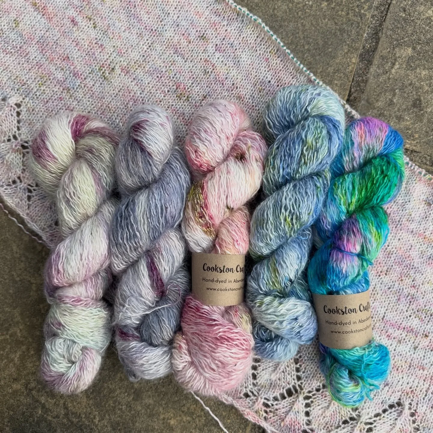 I&rsquo;ve dyed all of the new silk yarn base ready for the @elginfibrefest this weekend. 

There&rsquo;s more on order to dye next week, and I will add it to the website then. 

L to R: Flower Fairy, Gala, Watercolour, Lossie, Peacock

It&rsquo;s a 