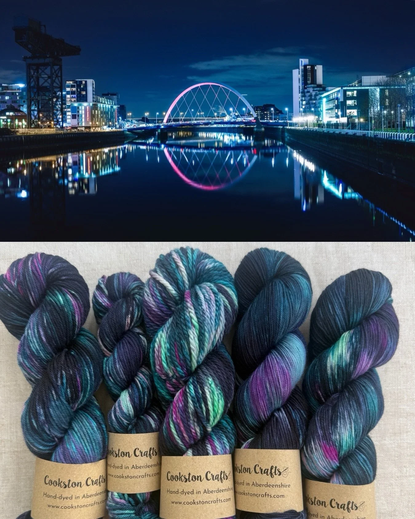 The Clyde Arc is one of two new colourways dyed especially for @glasgowschoolofyarn this weekend.

The darkest night sky blue with bright pops of pink and spearmint green will be available at the show on a variety of bases and also as a pre order on 