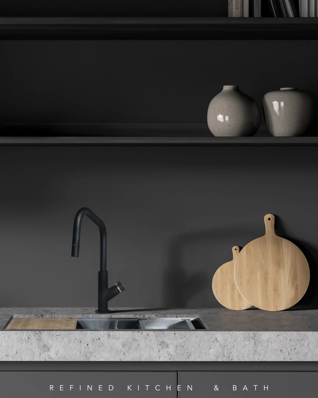 If this kitchen was a cocktail, it would be a dark and stormy.

Dark &amp; stormy ingredients:
🌩️ One rich, black kitchen backsplash
🌕 Simple, light accents
🪨 Smooth, granite countertop
🖤 The Mond collection kitchen faucet in matte black with gol