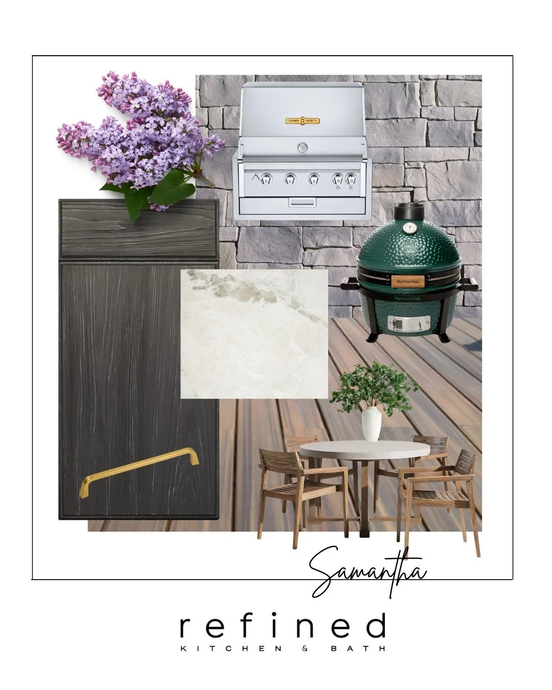 Samantha's Signature Spaces:
Modern Rustic Outdoor Retreat Theme 

This mood board design represents an Organic Modern Outdoor Kitchen and Dining theme. It blends natural materials like stone, wood, and ceramic with sleek, modern finishes such as sta