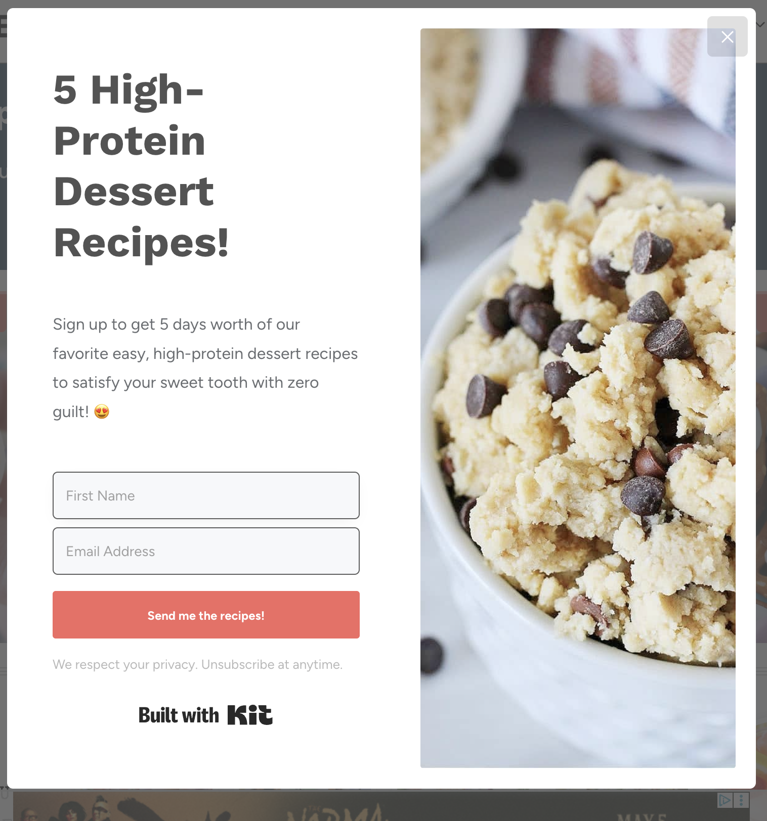 A website pop-up reading 5 high-protein dessert recipes!.
