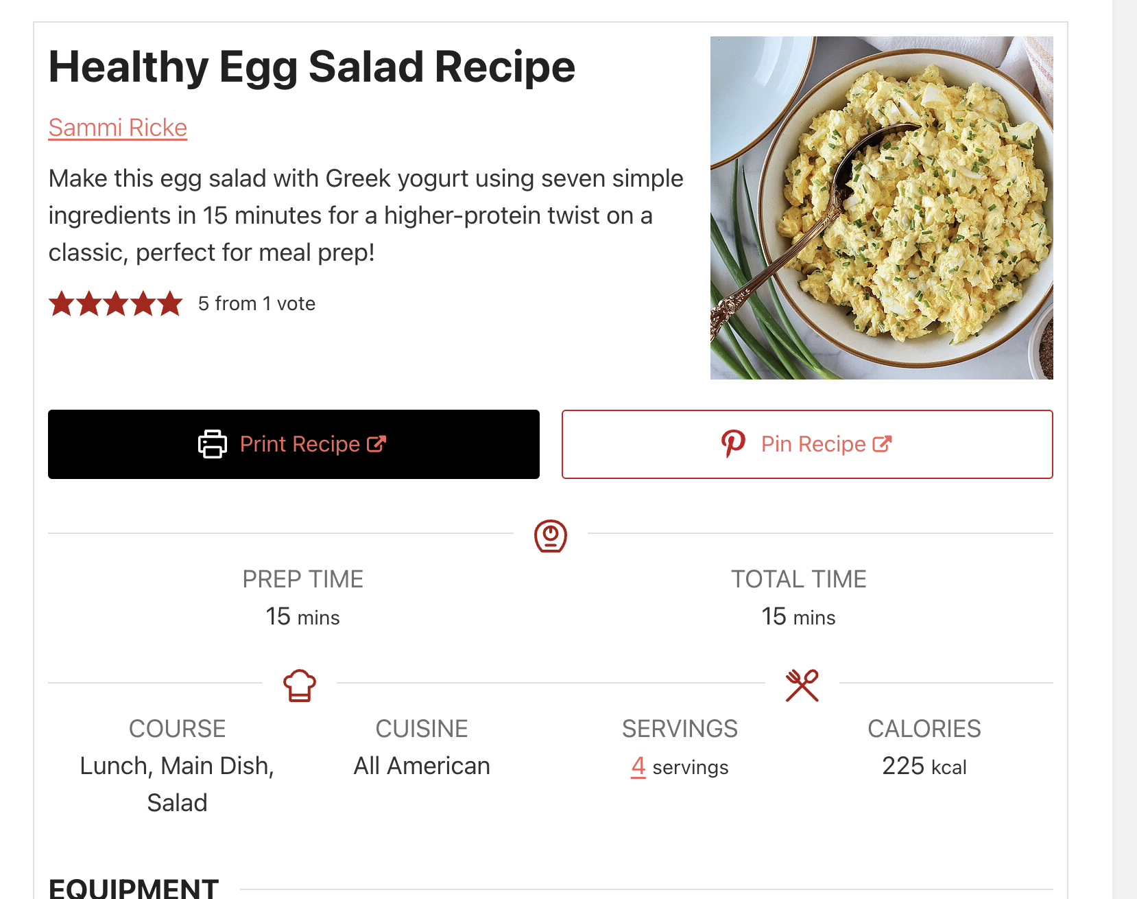 A WordPress recipe card for healthy egg salad.