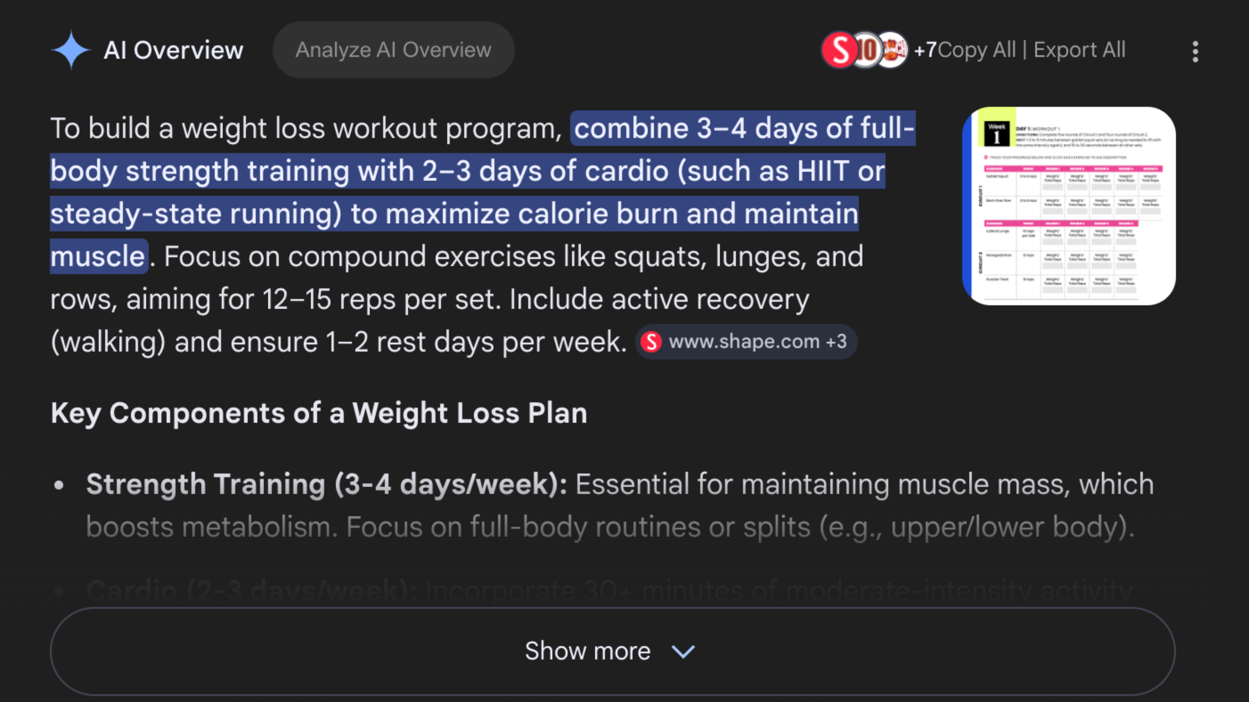 A Google search result for "how to build a workout program for weight loss".