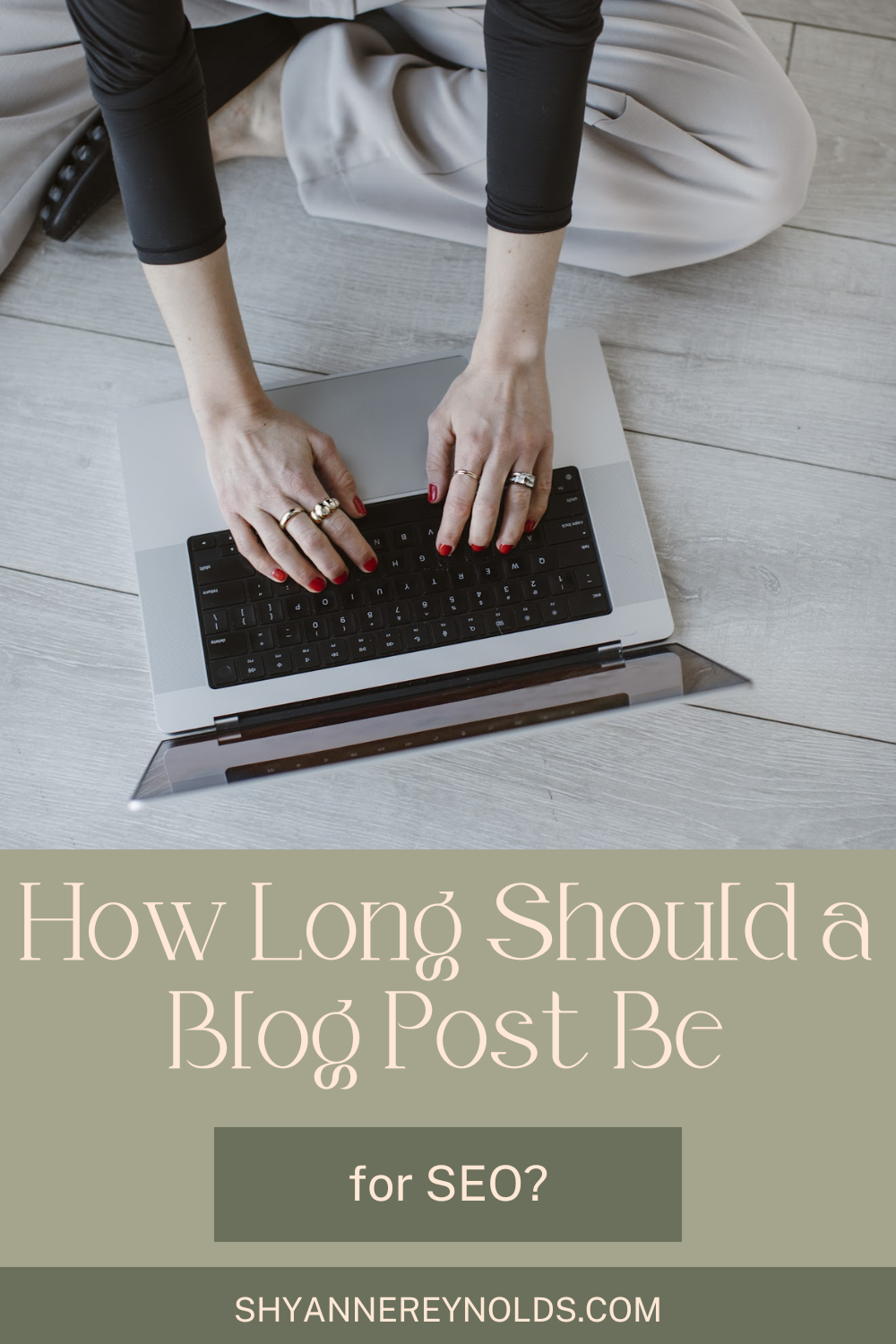 A woman typing on a computer, text reading "How Long Should a Blog Post Be for SEO?".