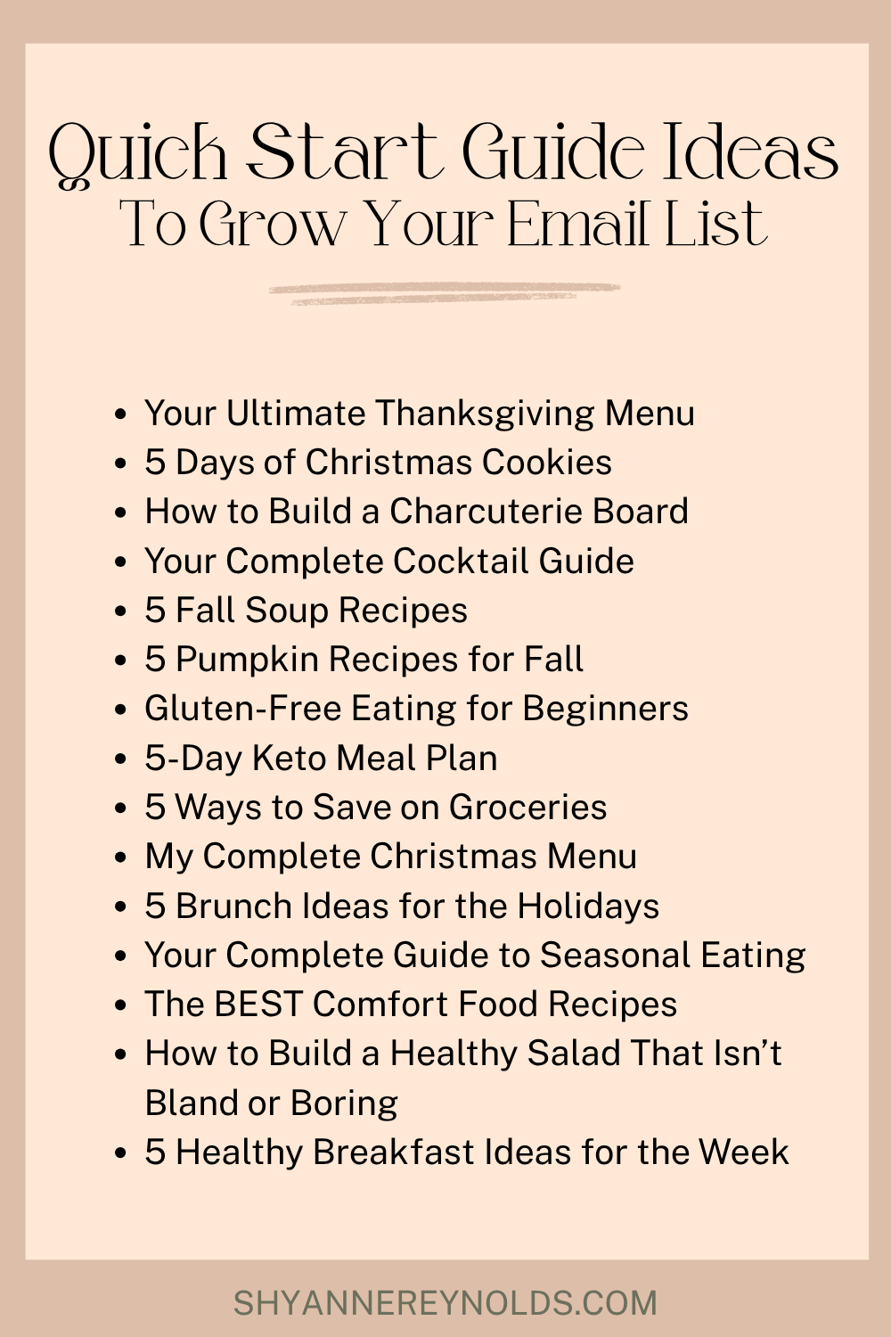 A list of ideas for email quick start guides for food bloggers.