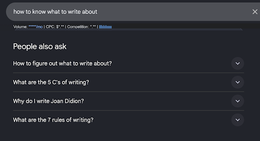 People Also Ask section of Google for the term "how to know what to write about".