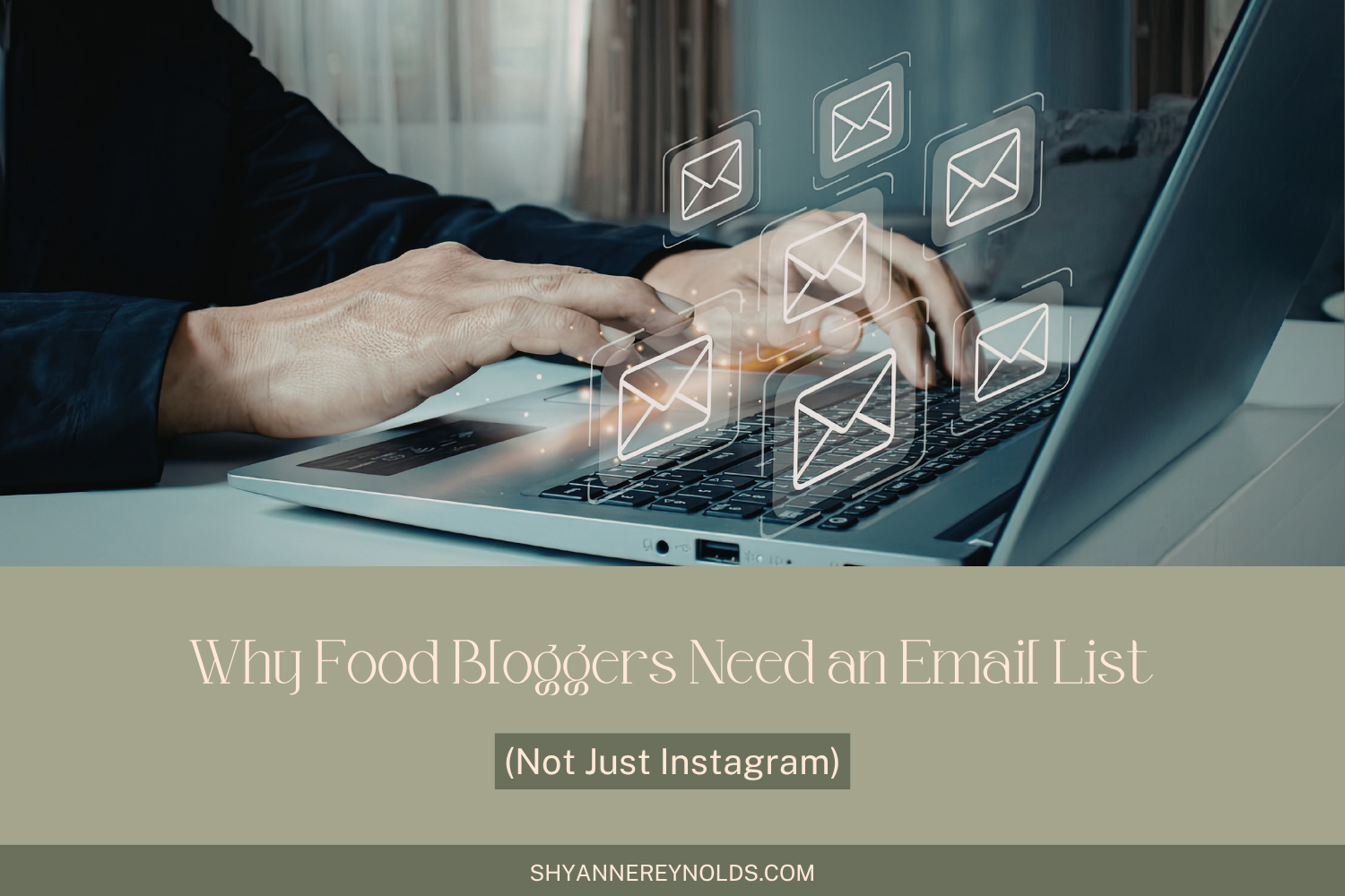 A man typing on a laptop, envelope icons floating above it.