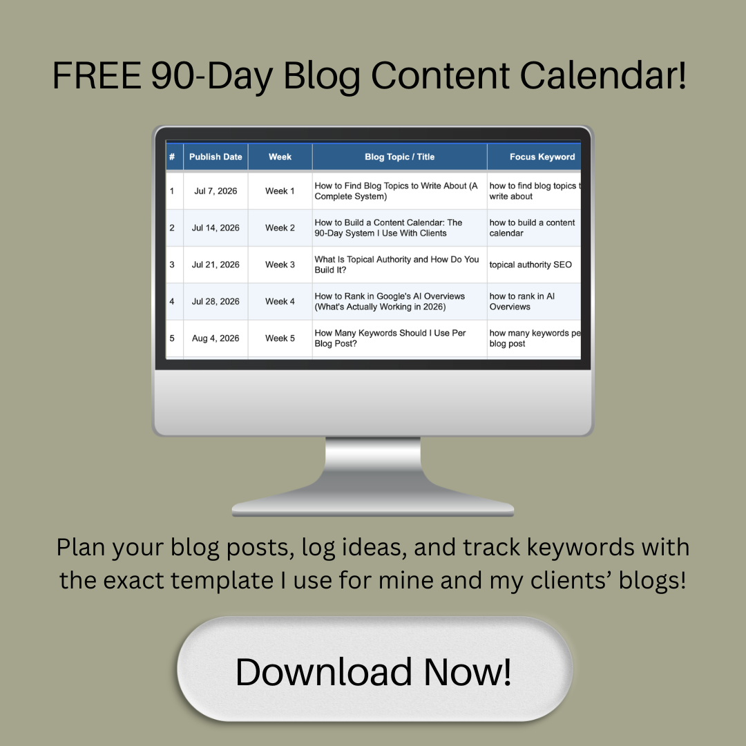 An image of a computer screen, text that reads "FREE 90-Day Blog Content Calendar".