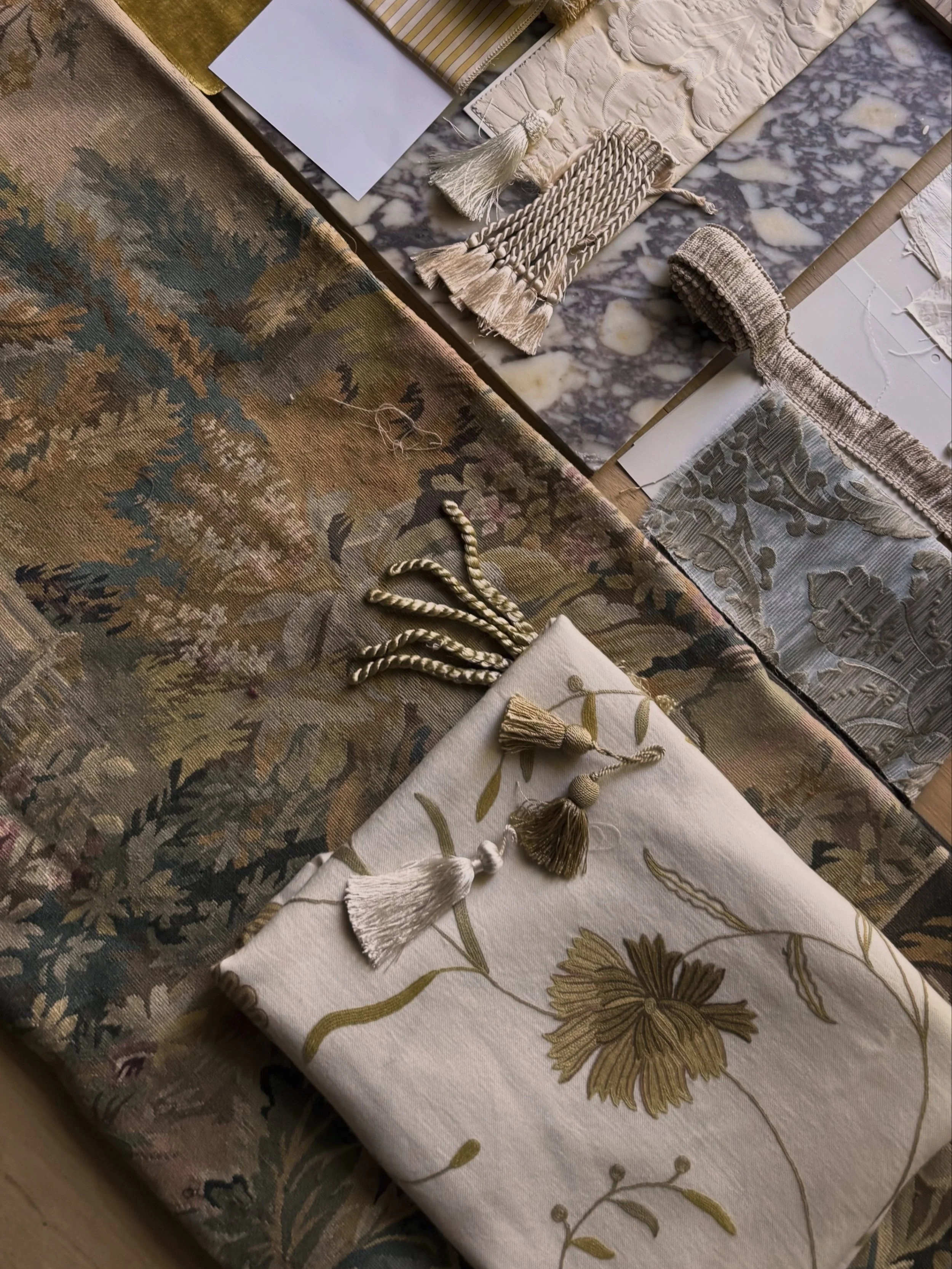 Antiques aubusson verdure Tapestry with embroidered linen, silk tassels and damask fabric samples