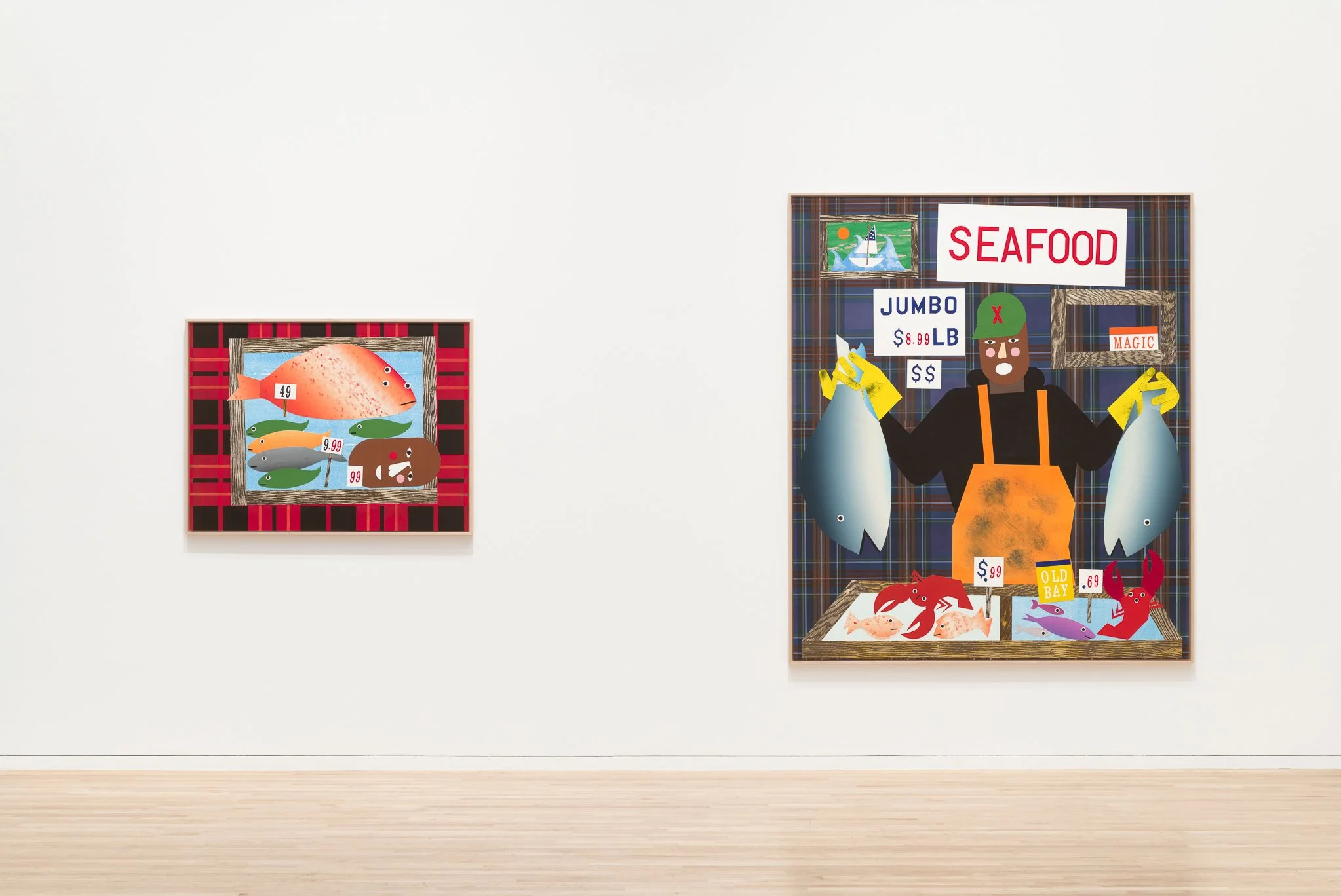 2 paintings of people with seafood