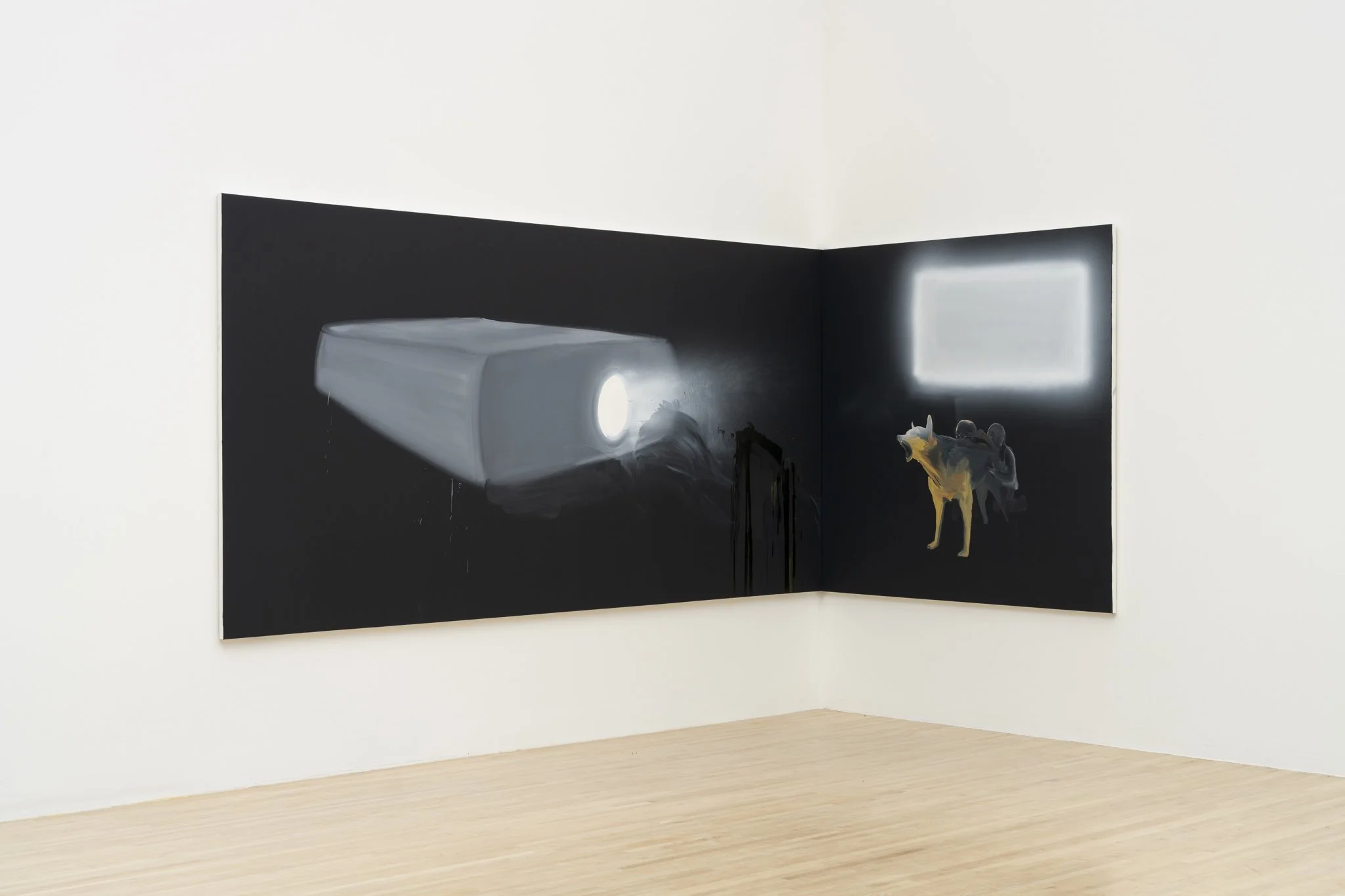 a painting of a projector projecting a bright rectangle above a dog