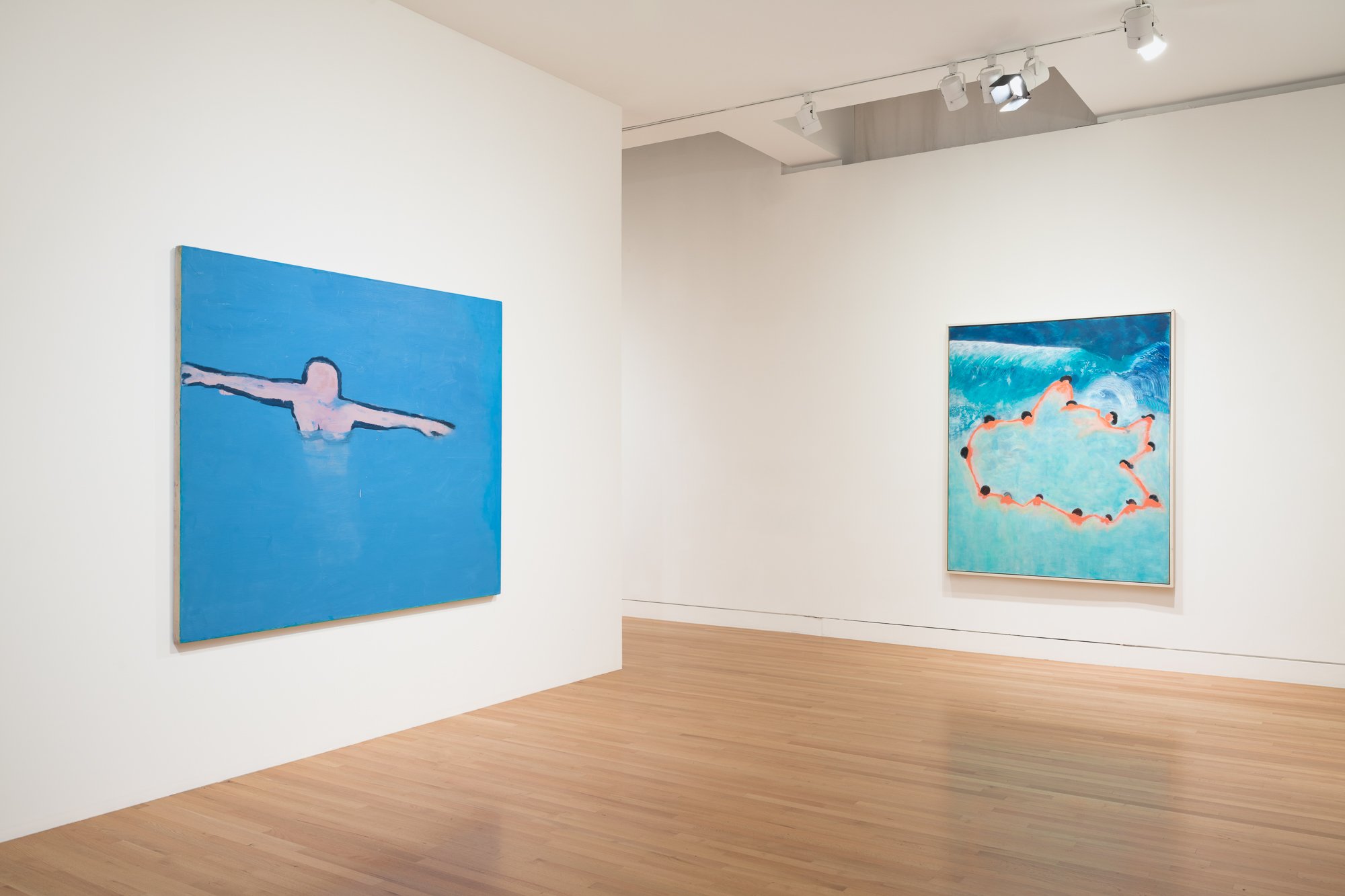 two paintings of people swimming