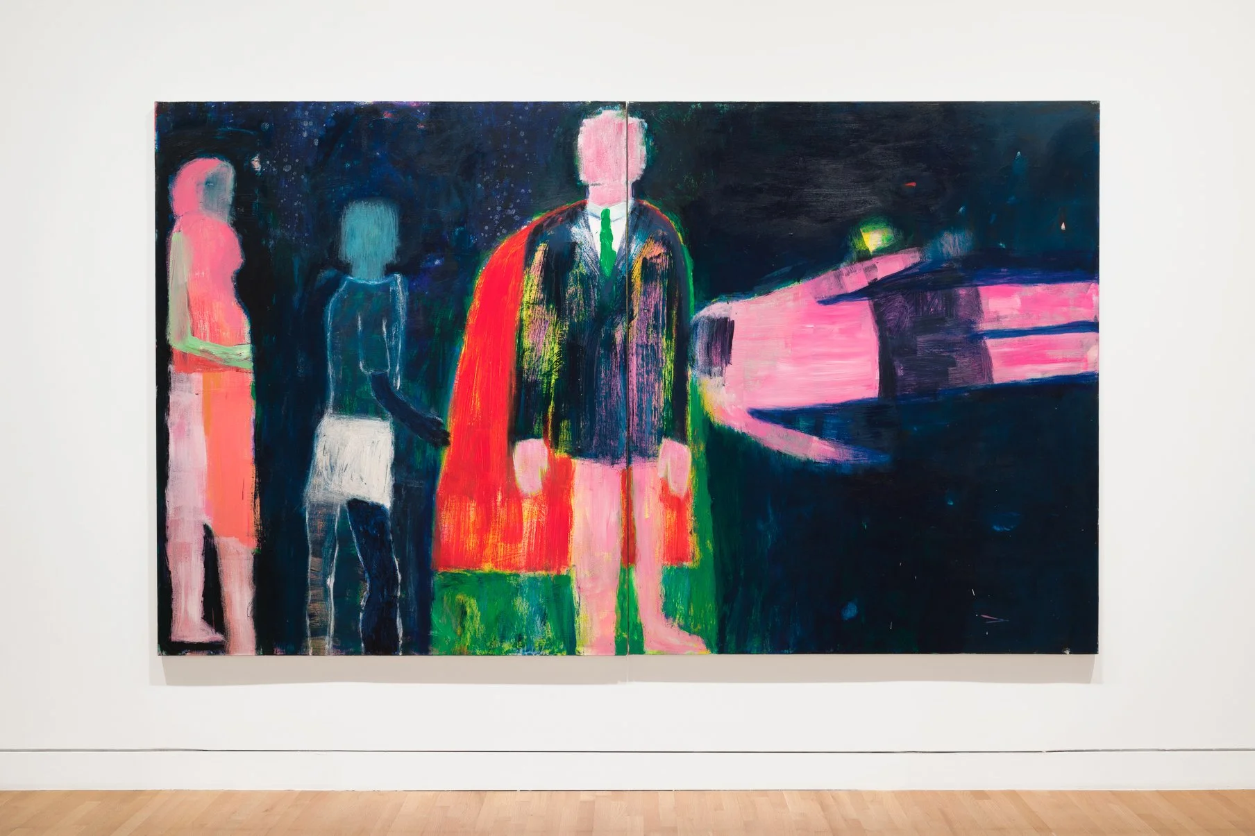 paintings of figure in red cape and suits, with other figures