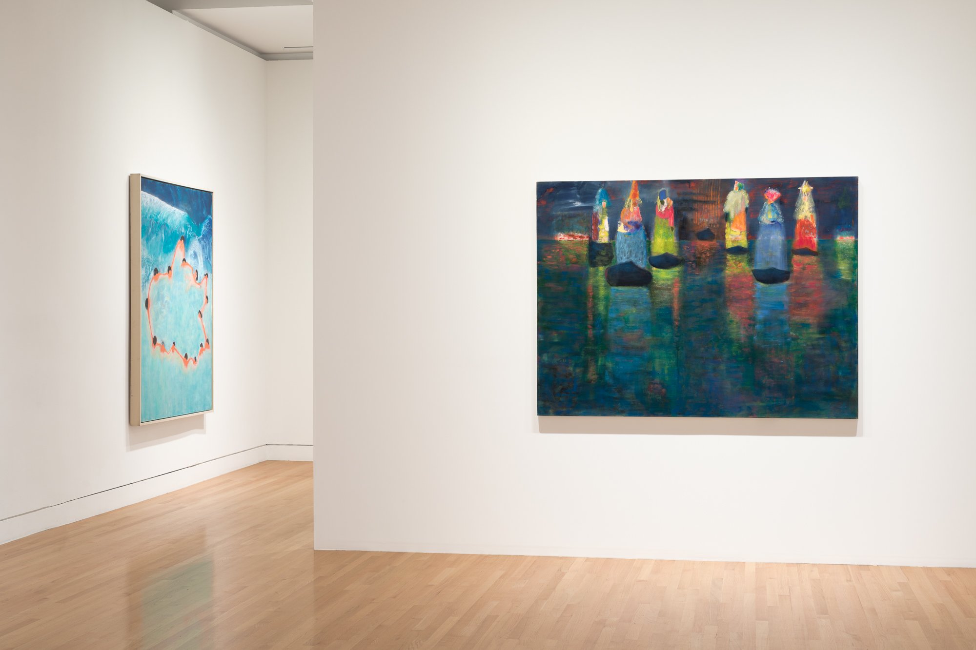 a painting of swimmers and a painting of boats