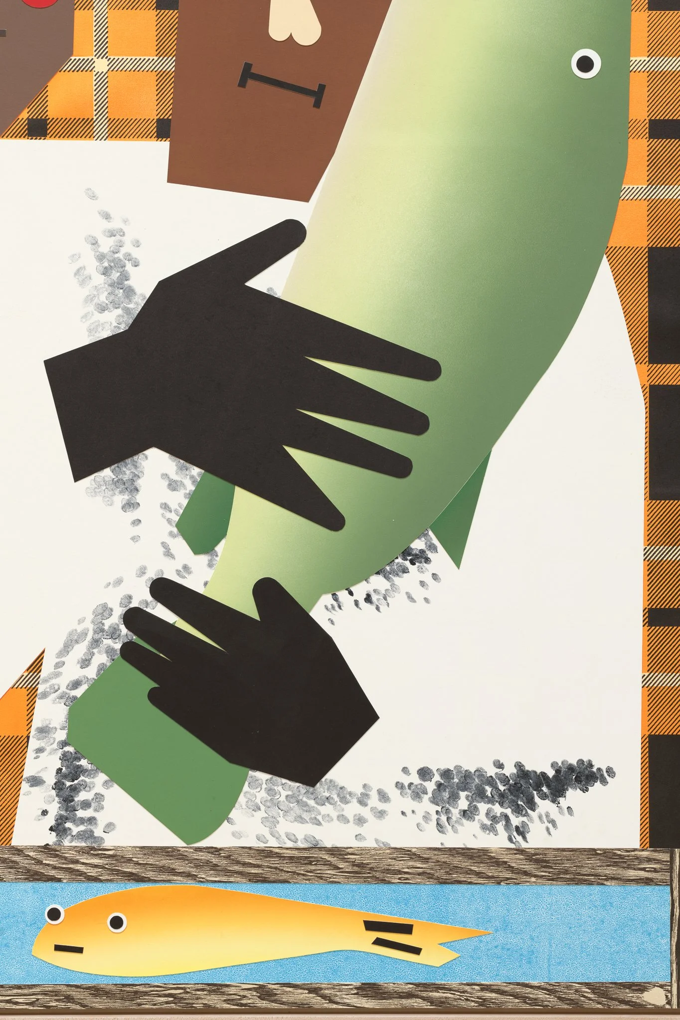 detail of a painting of a person hugging a green fish