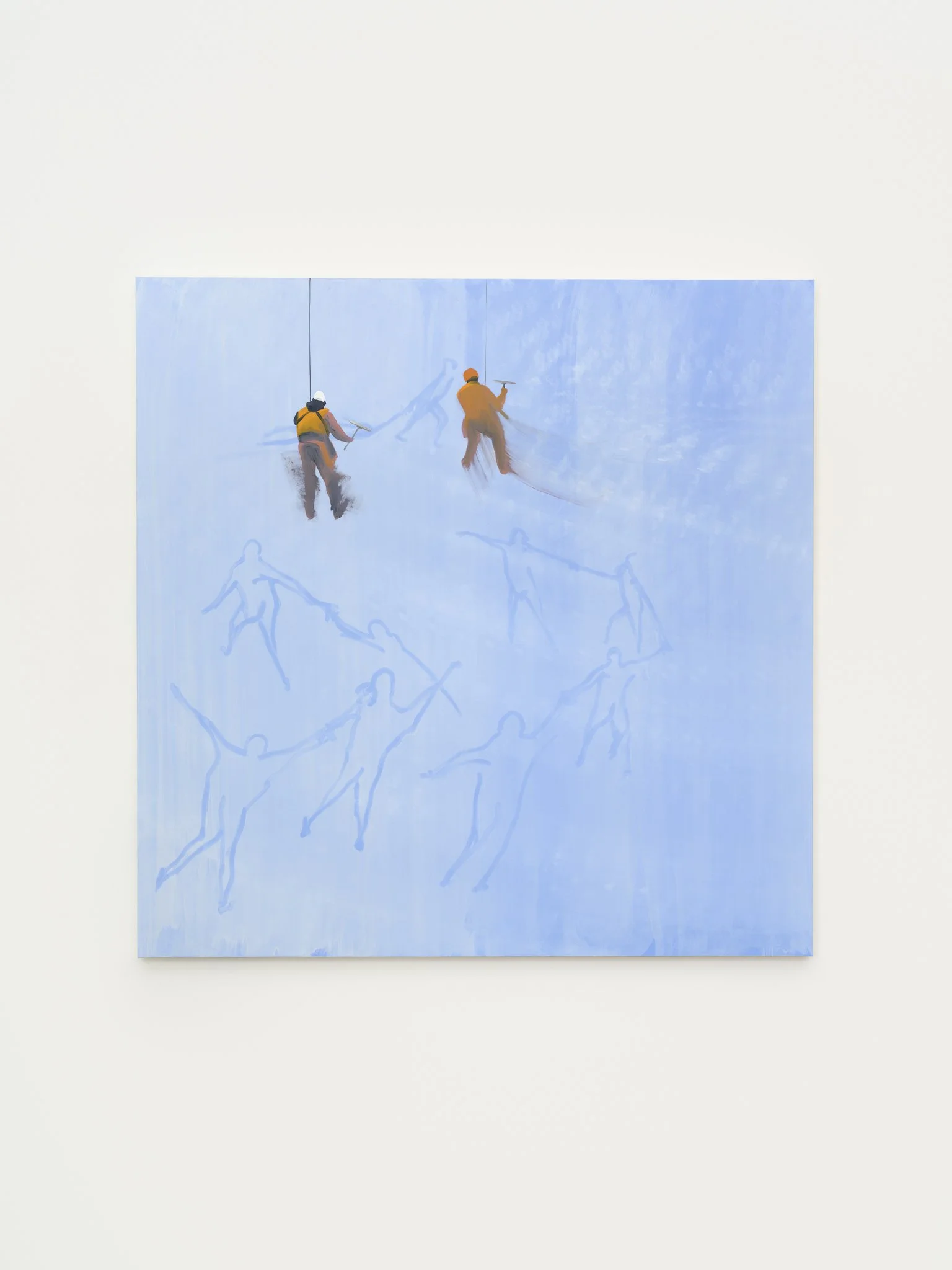 a painting of two window cleaners on blue background