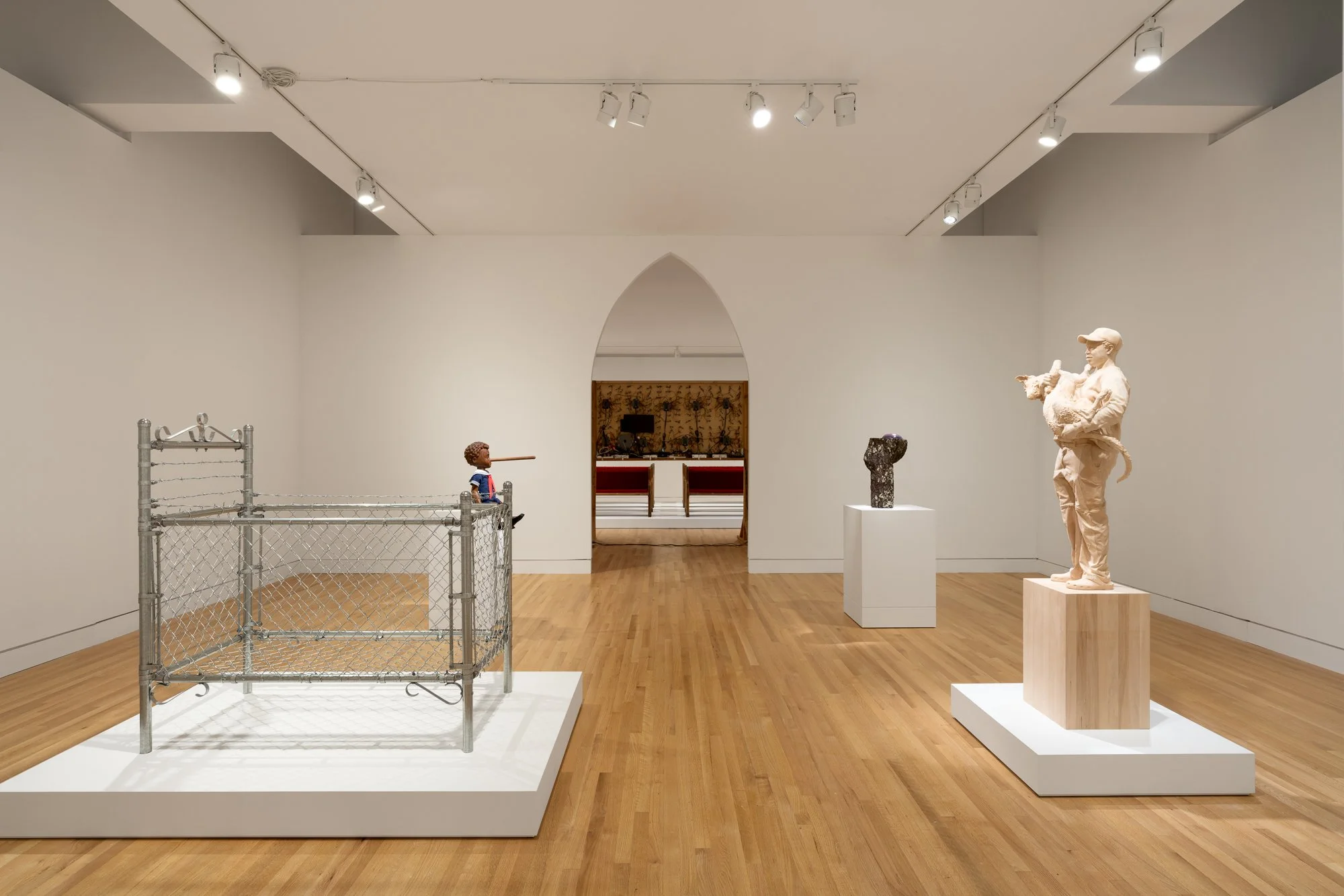various sculptures in a gallery