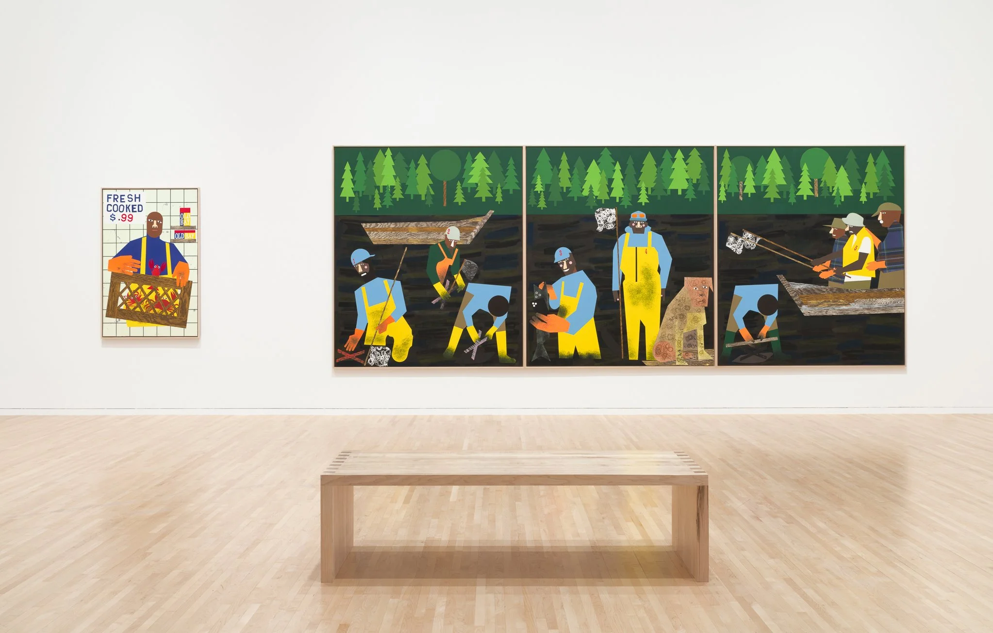 4 paintings of people with seafood