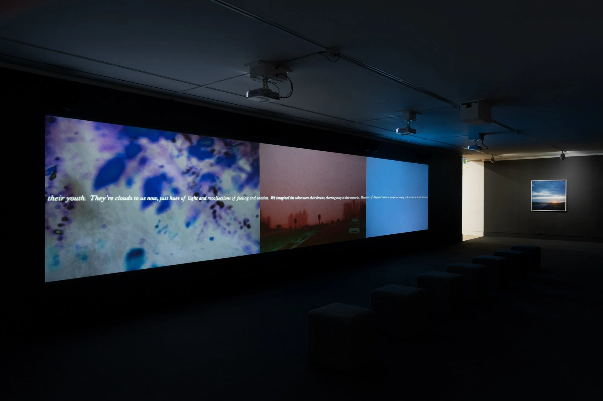 three videos with a line of text in the center; a framed photo hung on a black wall