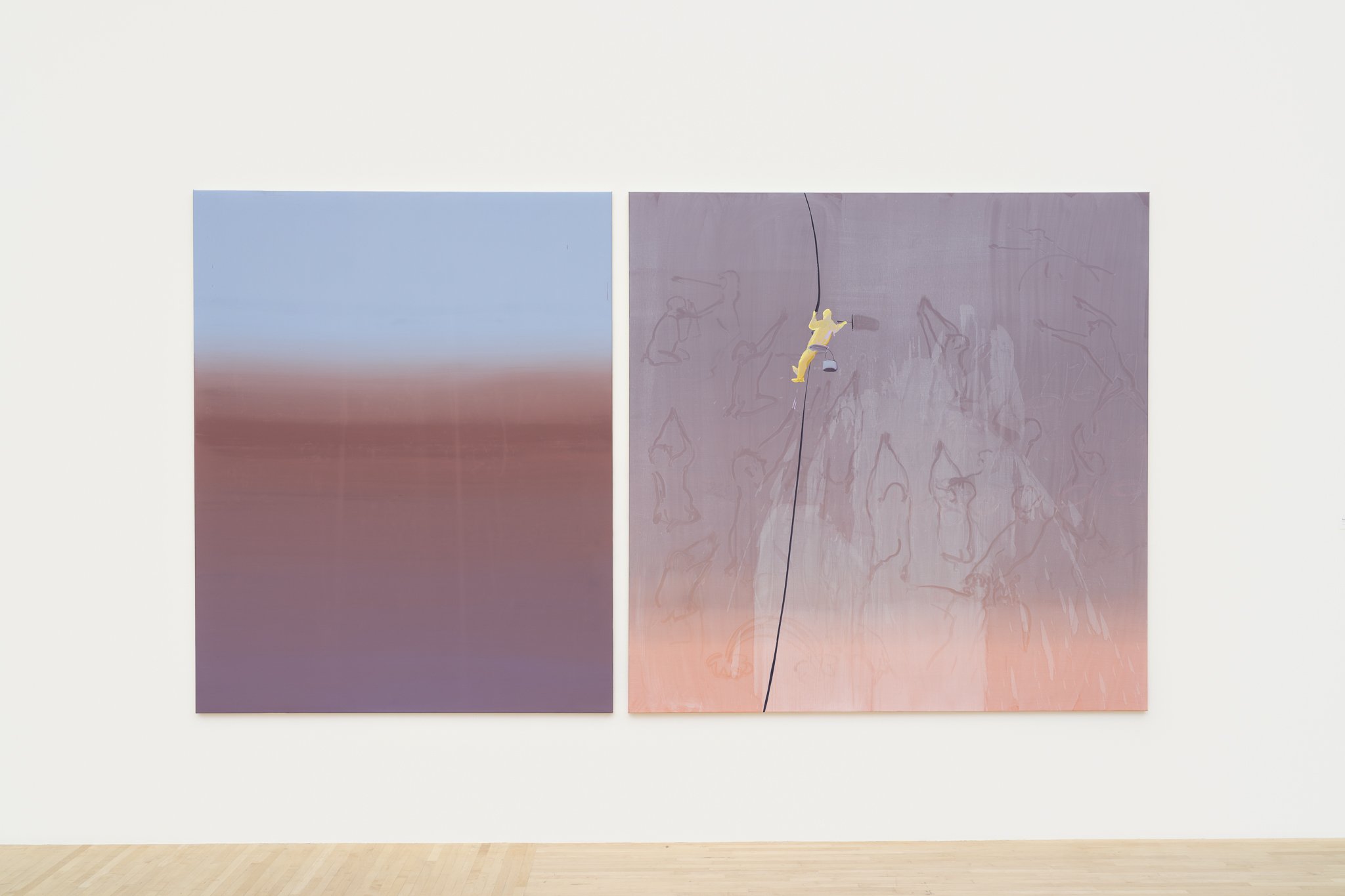 a painting of blue and pink gradient and a painting of a window cleaning figure on a pink background