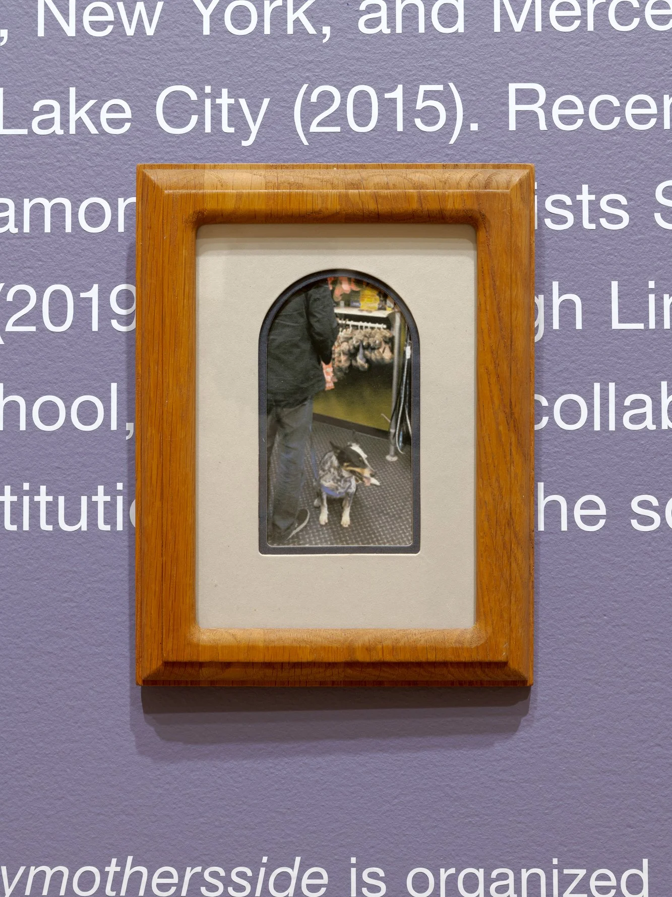 a framed photo of a figure and a dog on a purple wall with vinyl text