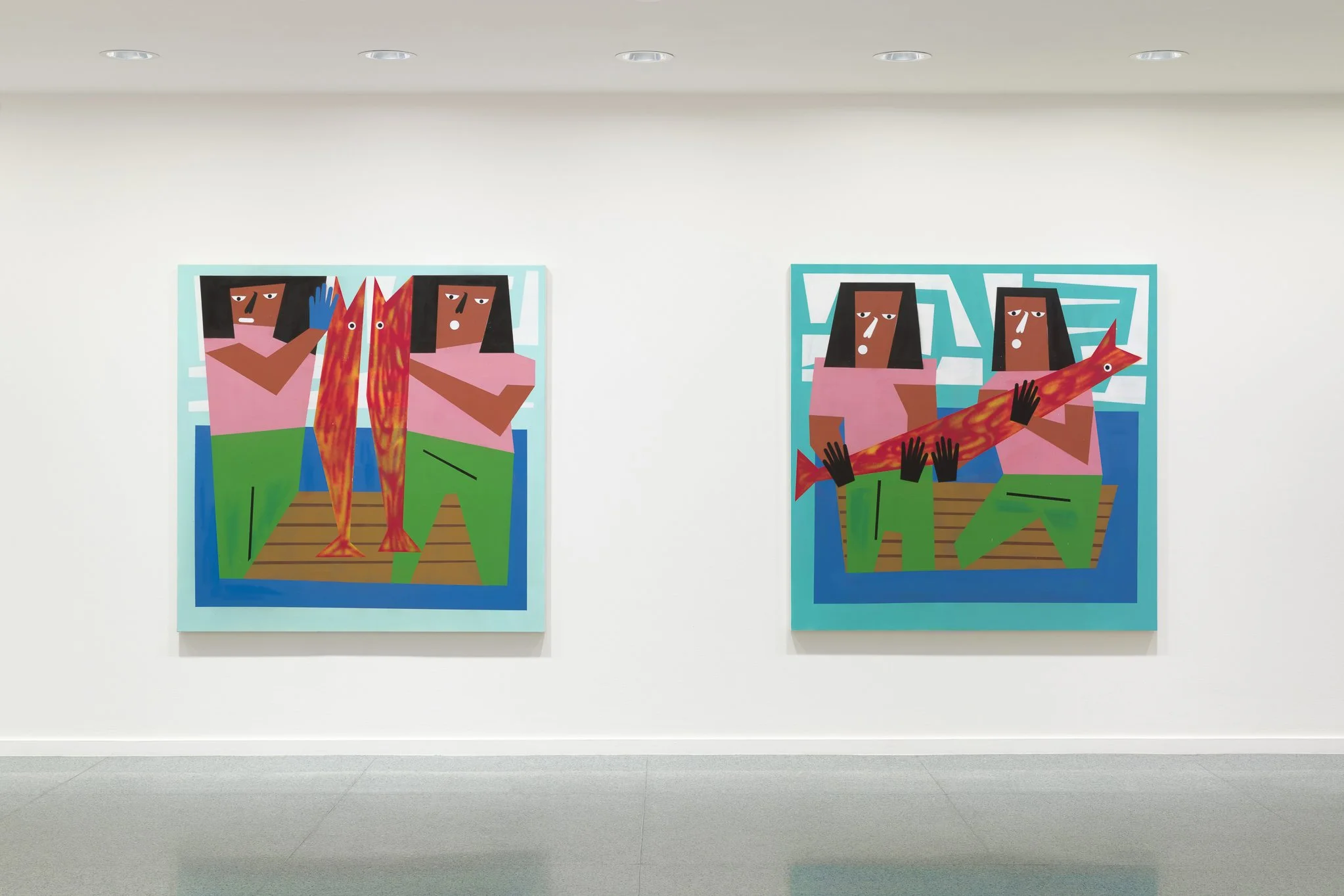 2 paintings of people with seafood