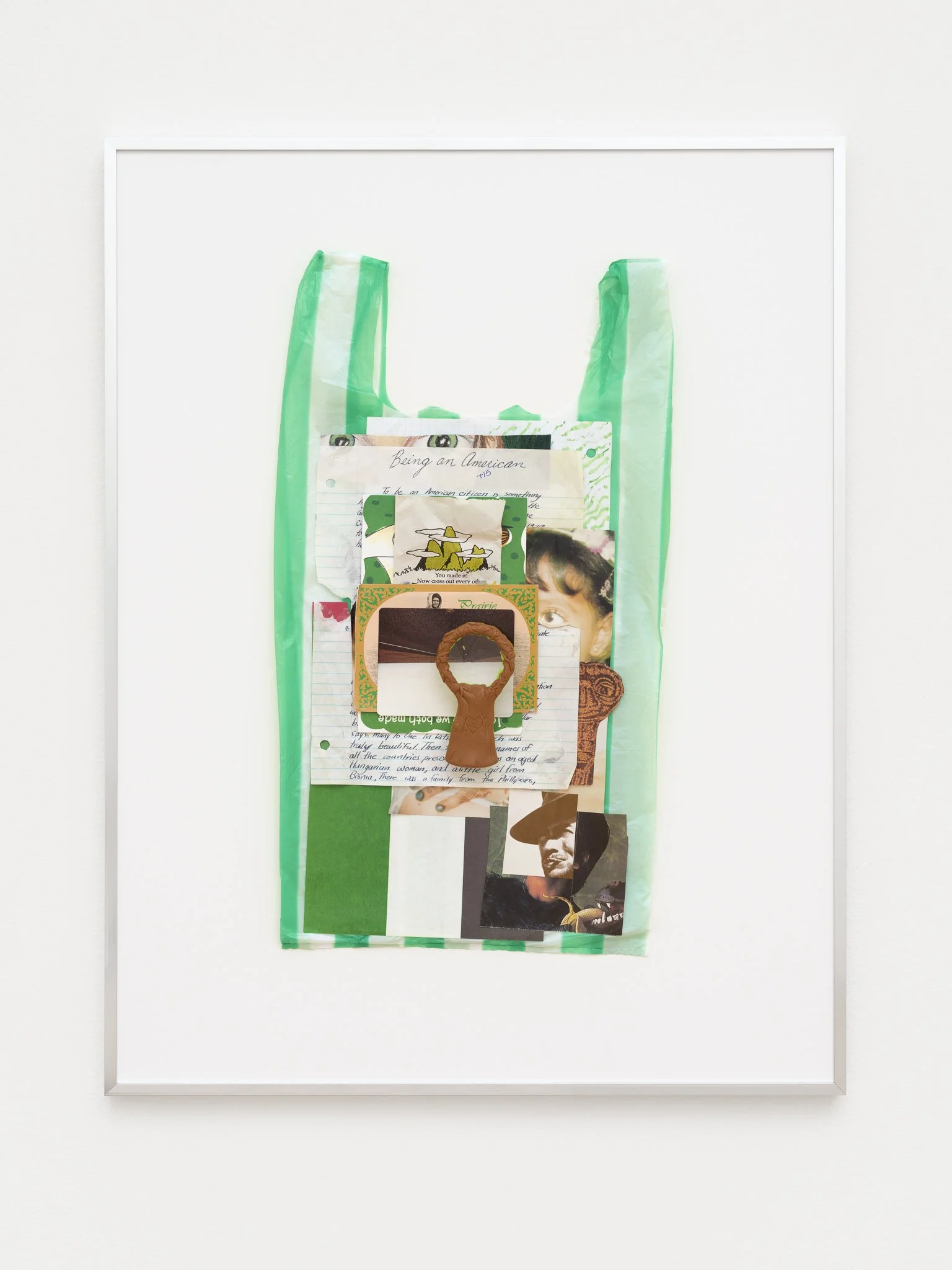 a collage with a green plastic bag