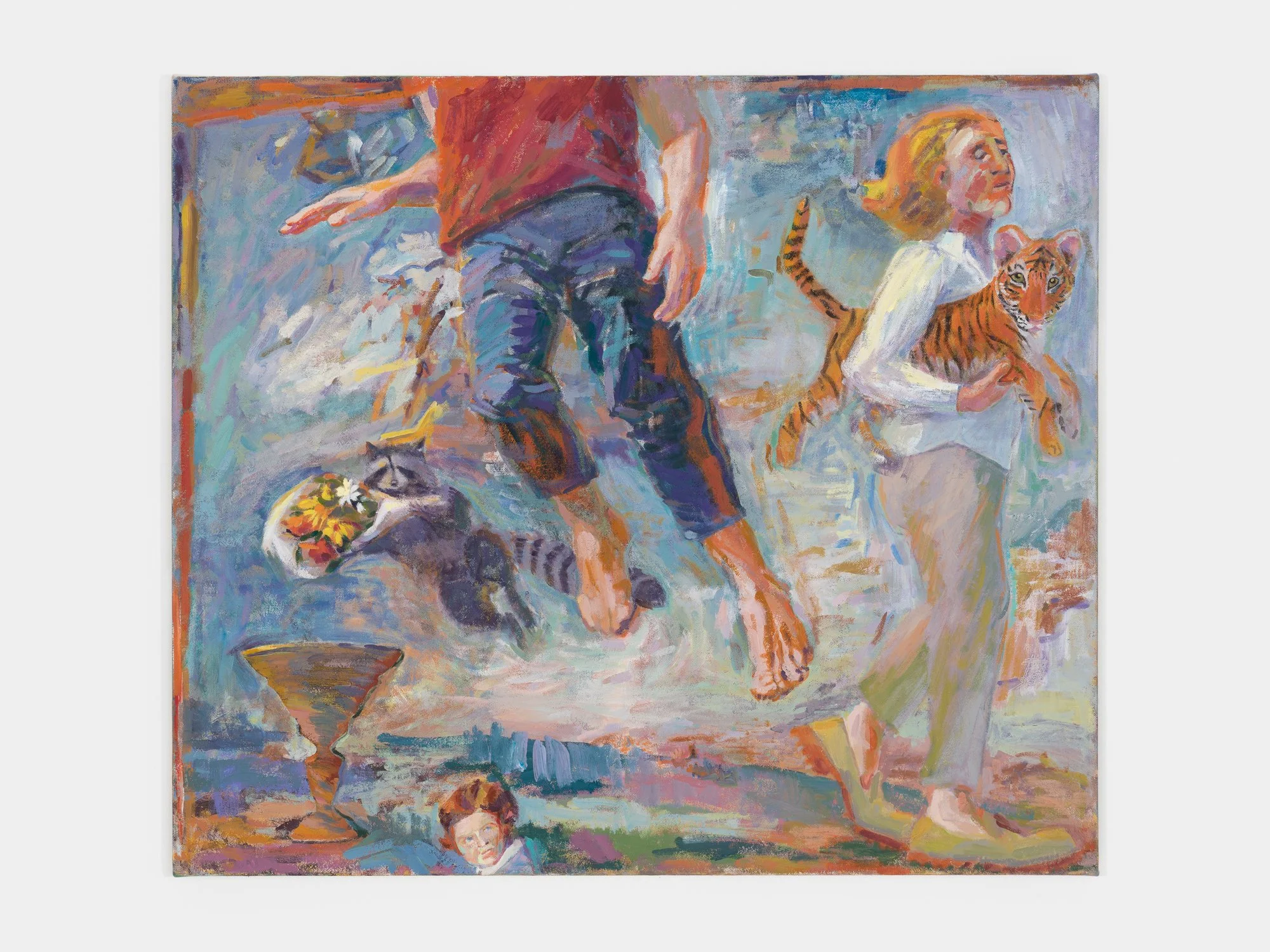 colorful, dreamy painting of two figures, a racoon, and a tiger