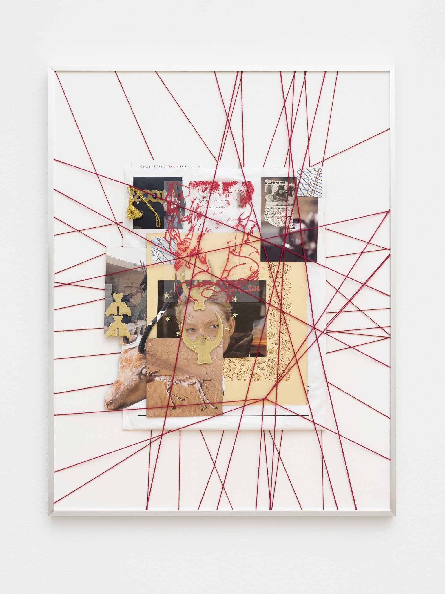 a collage with lots of red threads