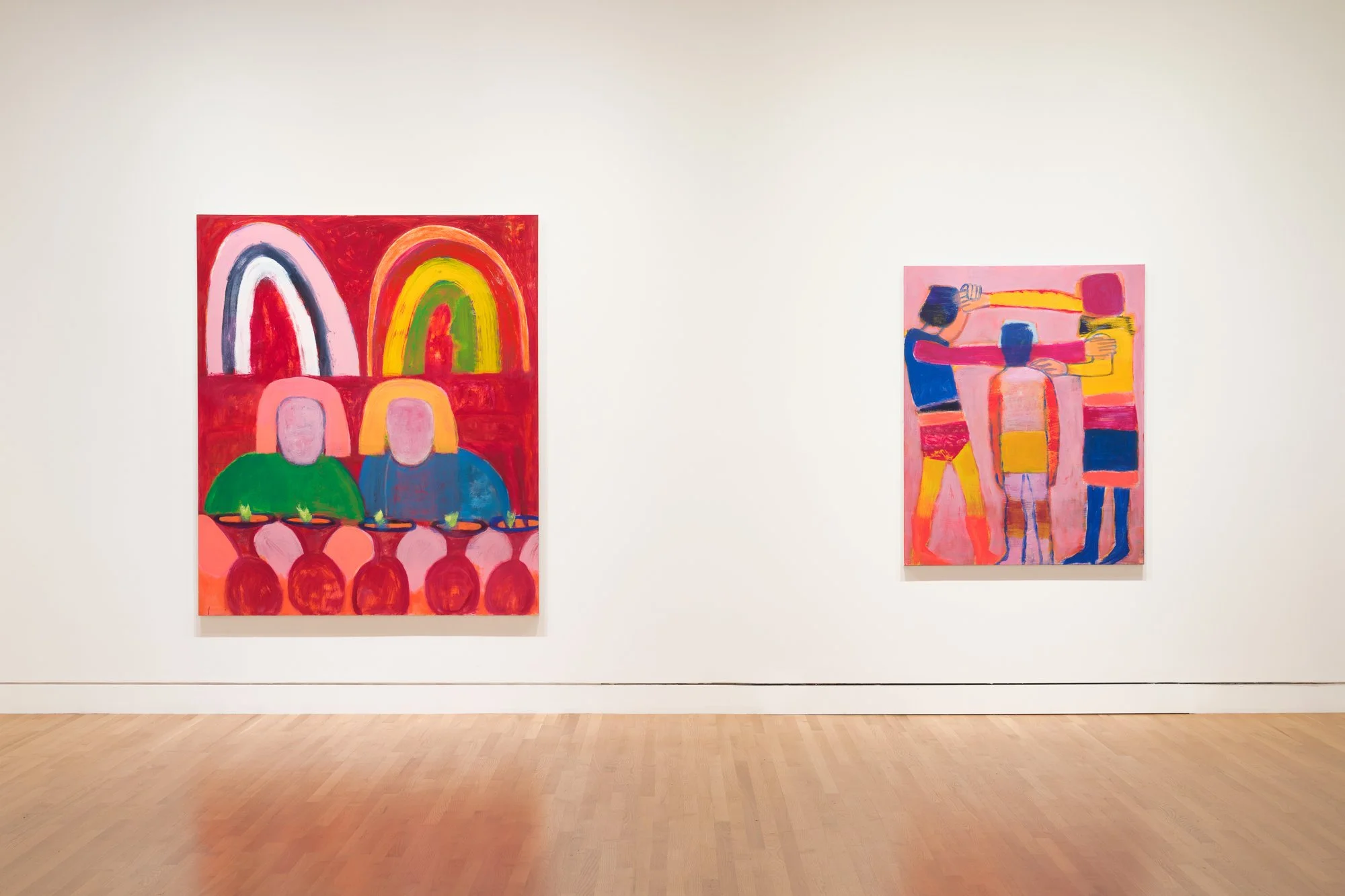 two colorful paintings of figures and rainbows