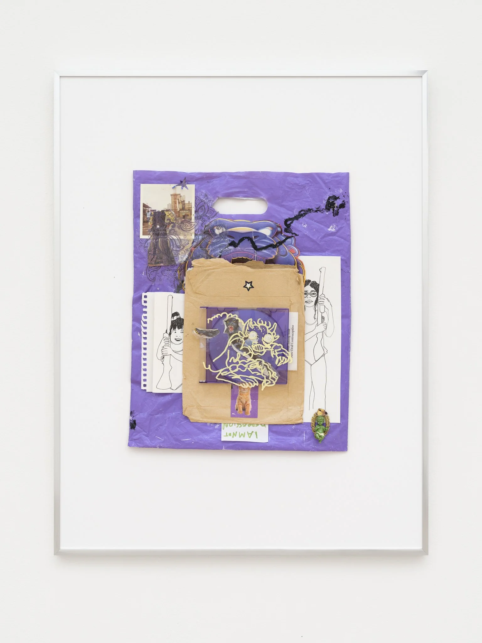 a collage with a purple plastic bag