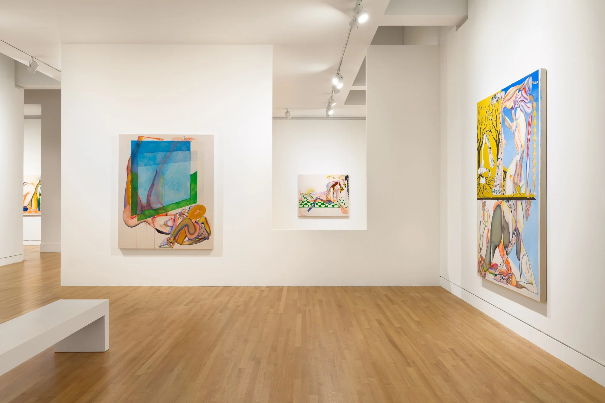 many abstract paintings in a gallery