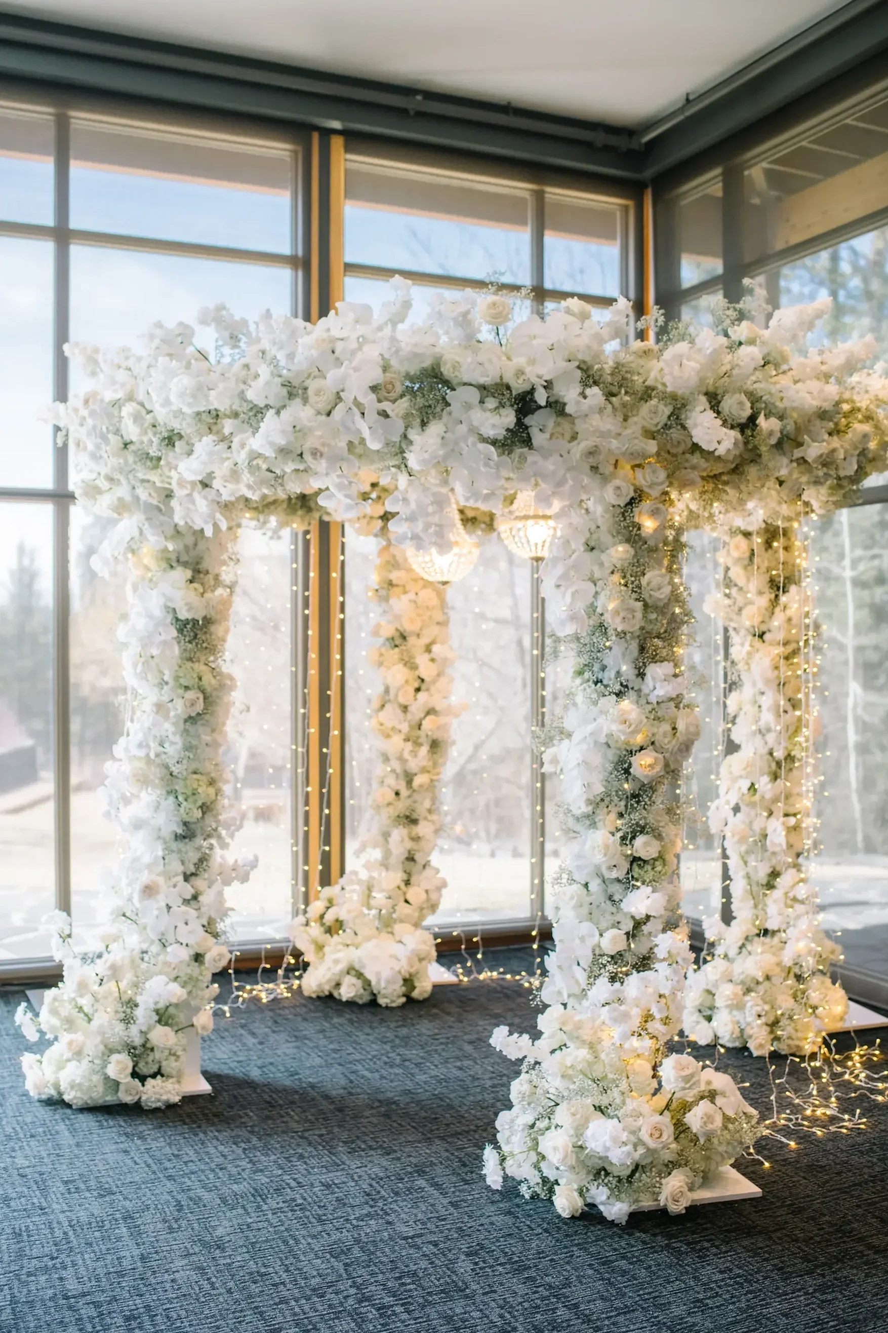 A wedding arch decorated with white flowers and fairy lights inside a modern glass building.