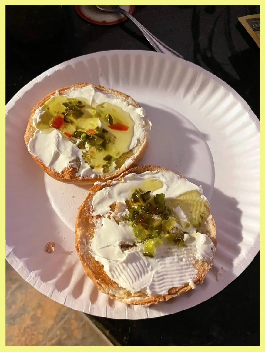 Green Pepper Jelly With Cream Cheese on a Toasted Bagel