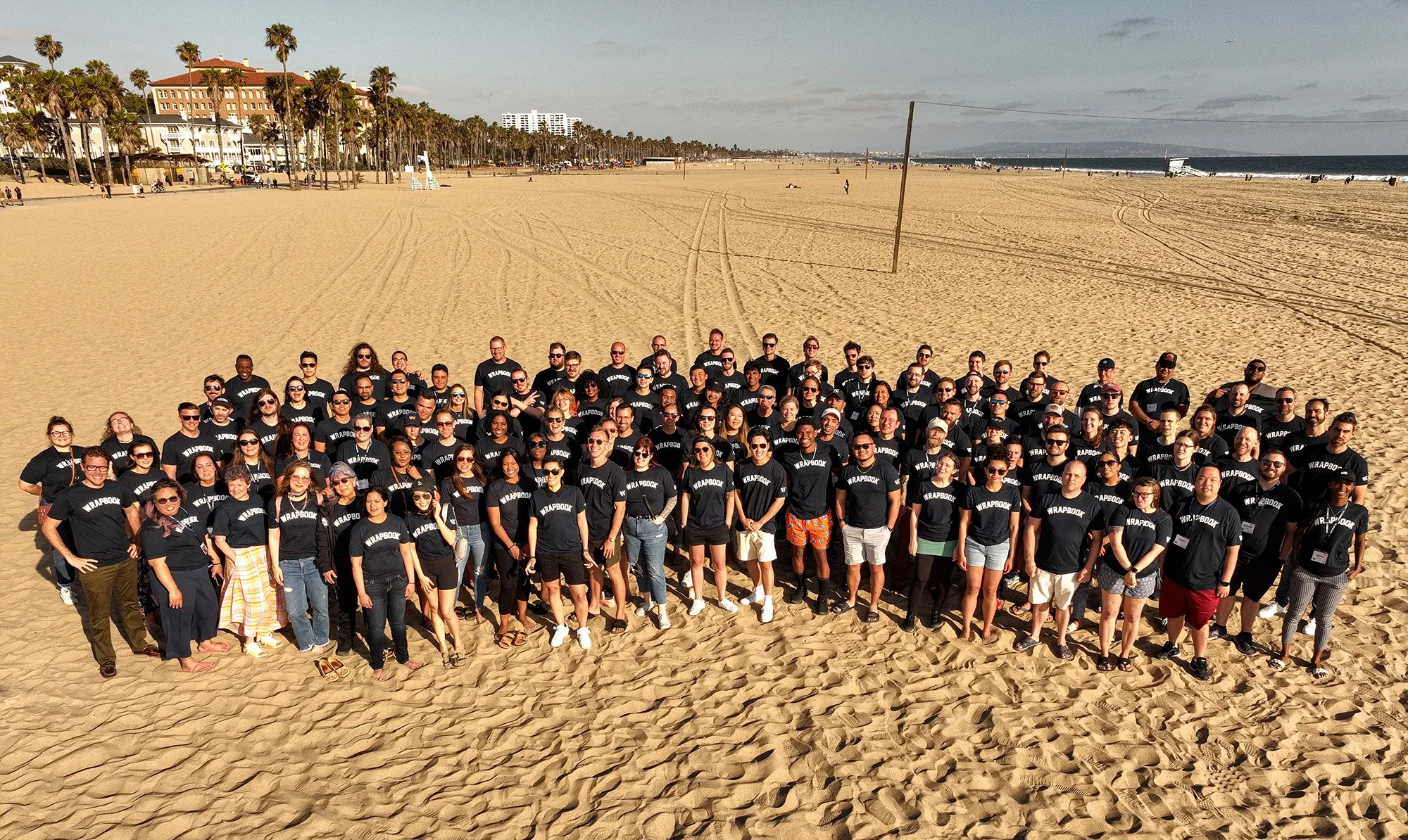 Wrapbook employees corporate beach retreat team group photo in Santa Monica shot by Los Angeles photographer Ken Sax.