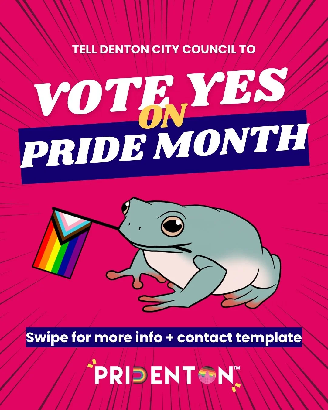 PRIDE MONTH RESOLUTION VOTE TOMORROW!!!

Swipe through our handy guide to find out how you can contact city council to let them know that you support a resolution recognizing June as LGBTQ+ Pride Month every year in Denton. 

We suggest reaching out 