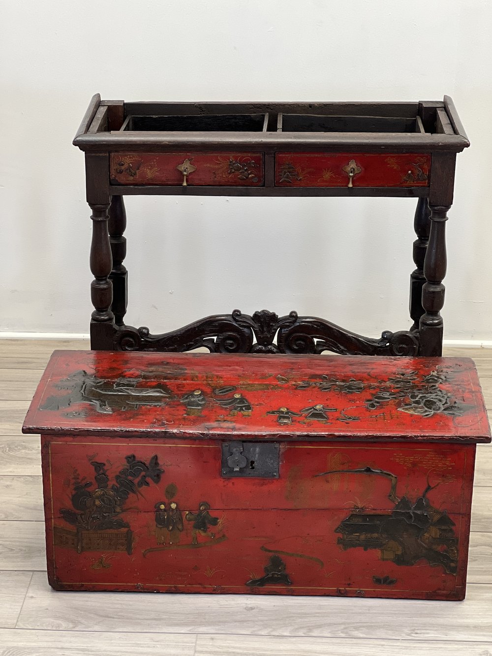 WILLIAM AND MARY BLACK JAPANNED CHEST ON STAND