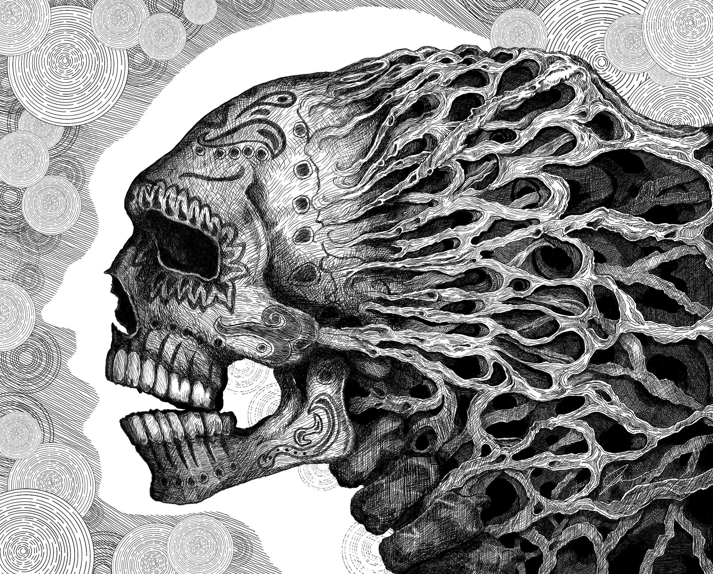 The death transformation from physical to spiritual depicted by a ethereal face and a skull decorated with Dia de los Muertos symbols.