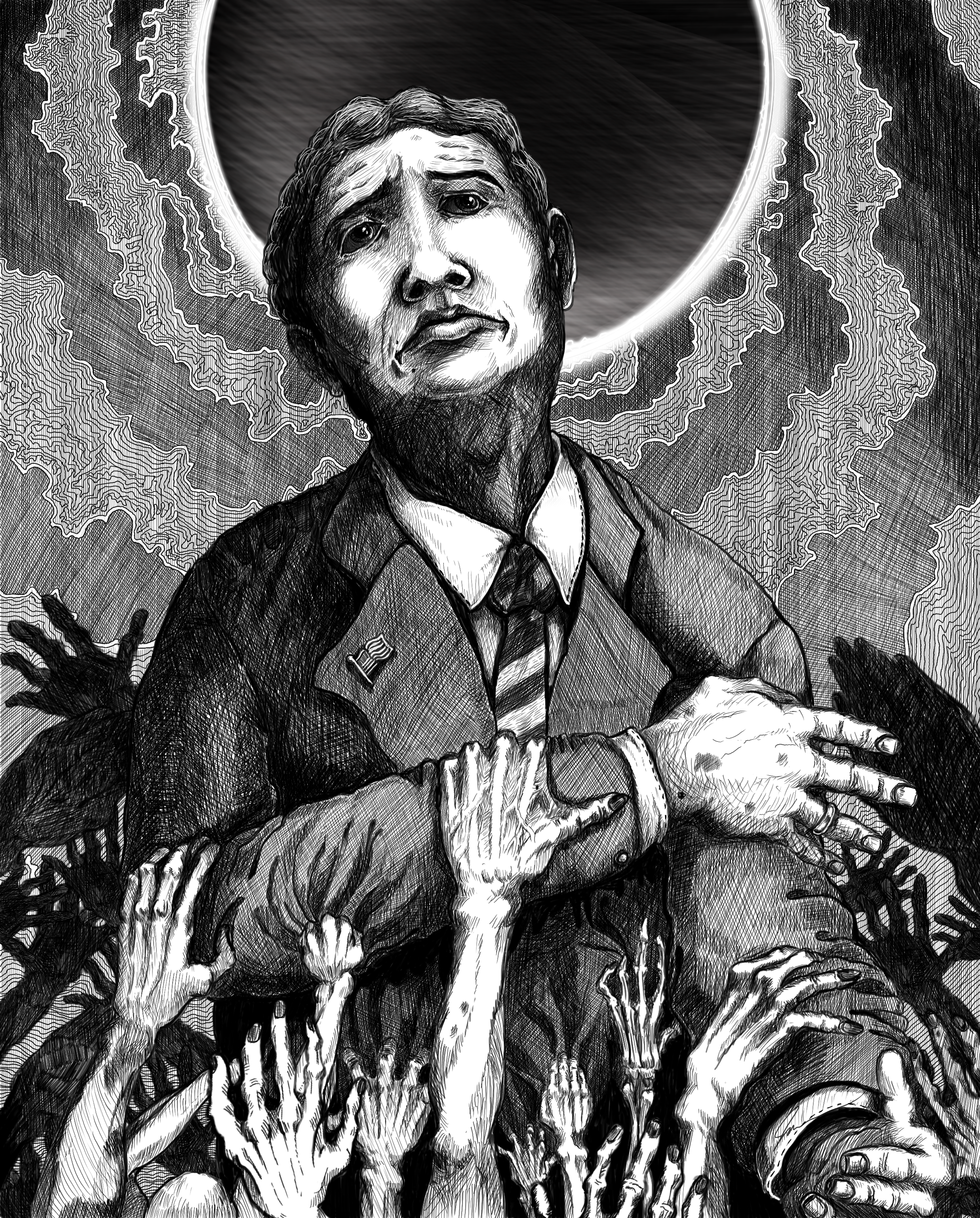 A corrupt right-wing politician looks up with blank eyes toward an empty void while the emaciated hands of his followers and opponents pull at him.